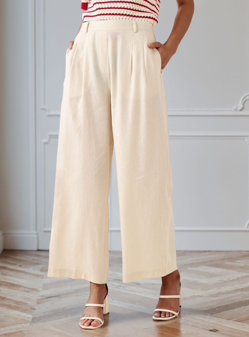 Pleated Linen Blend Wide Leg Flexi Waist Trousers-women-clothing-bottoms-trousers-image-1