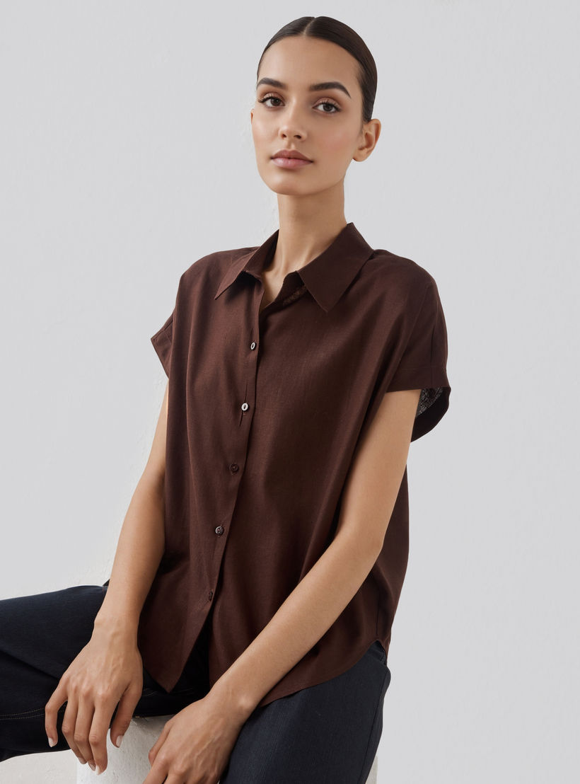 قميص من مزيج الكتان بقصّة عادية-women-clothing-shirtsandblouses-blouses-image-1