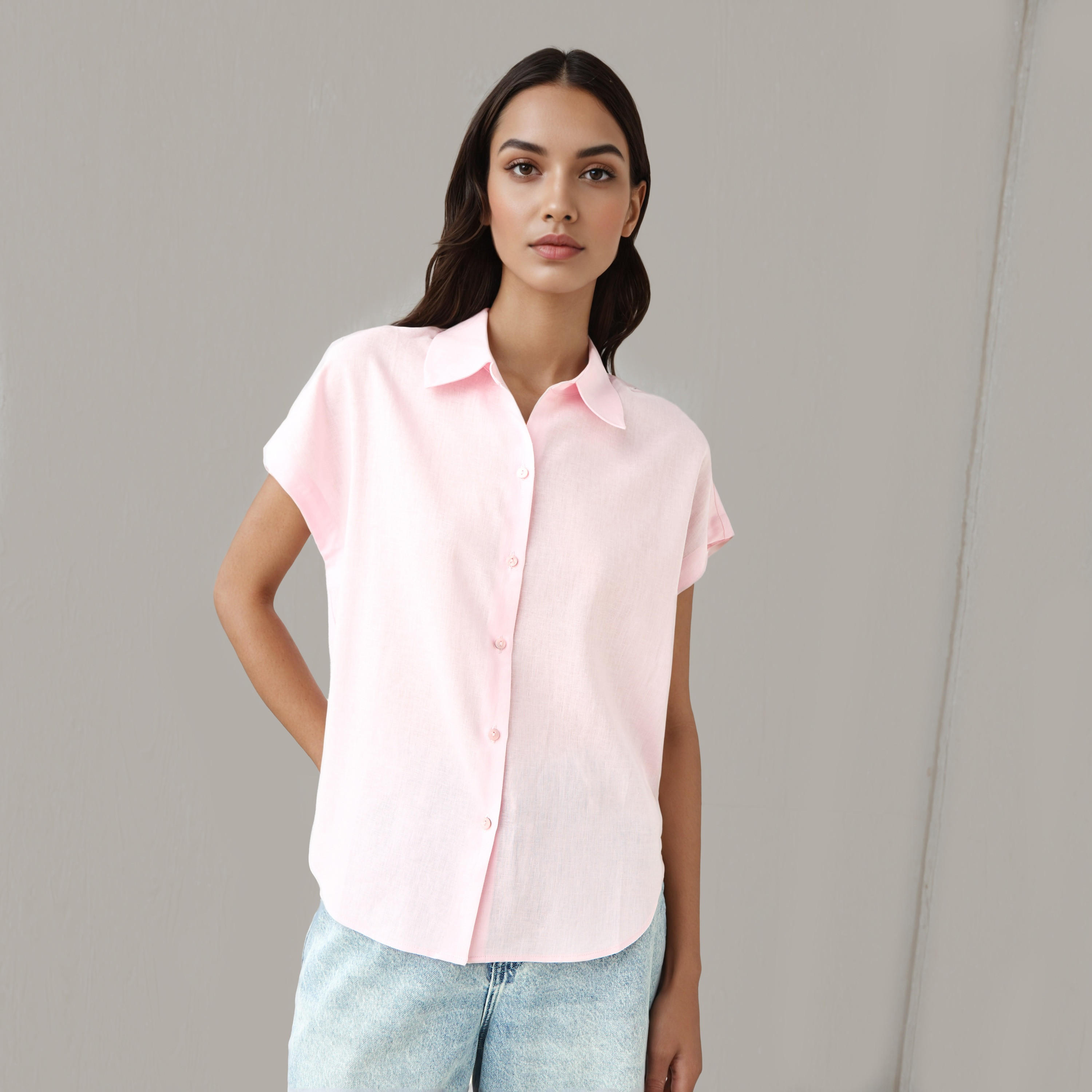 قميص من مزيج الكتان بقصّة عادية-women-clothing-shirtsandblouses-blouses-image-1