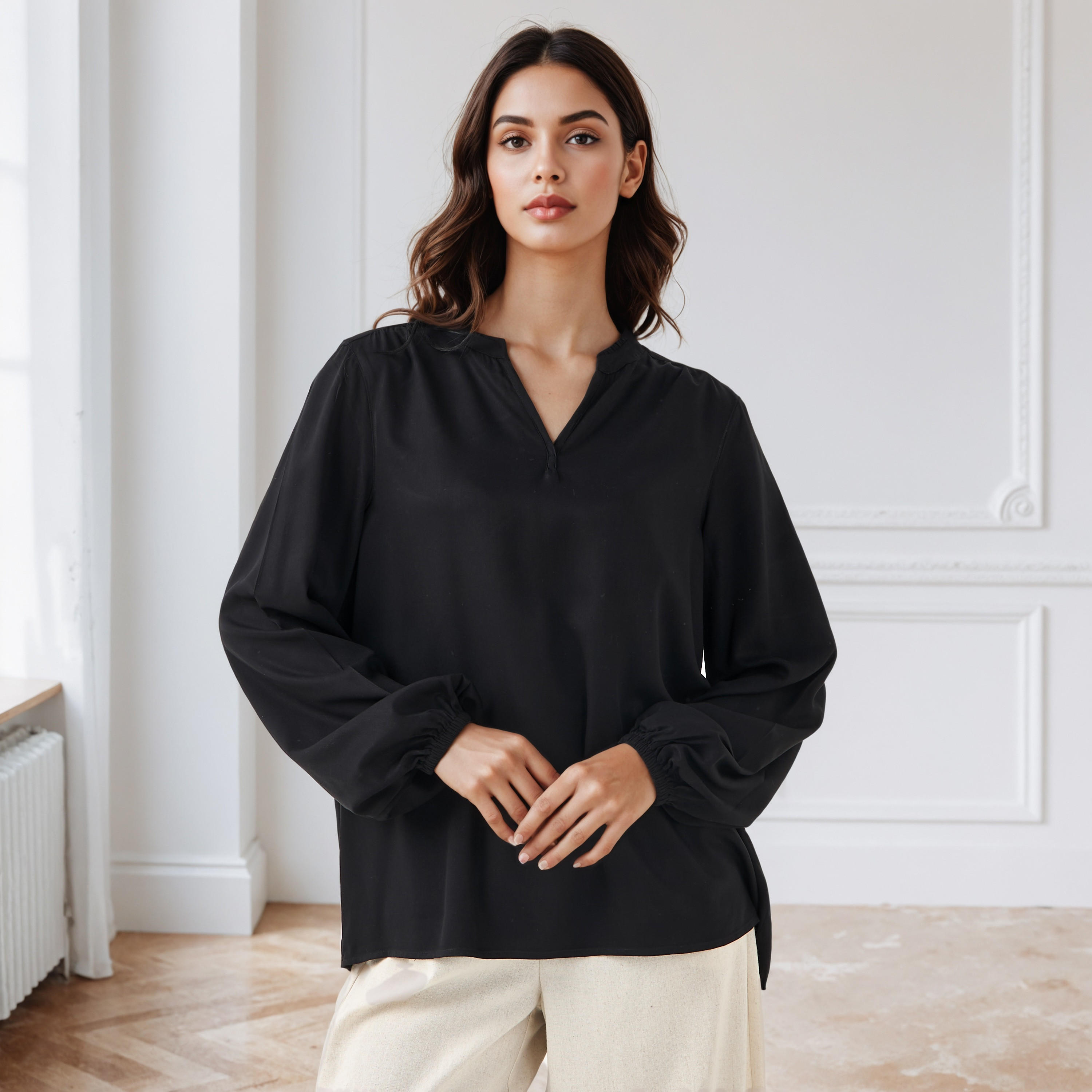 بلوزة فيسكوز بقصة عادية وياقة حرف V-women-clothing-shirtsandblouses-blouses-image-5