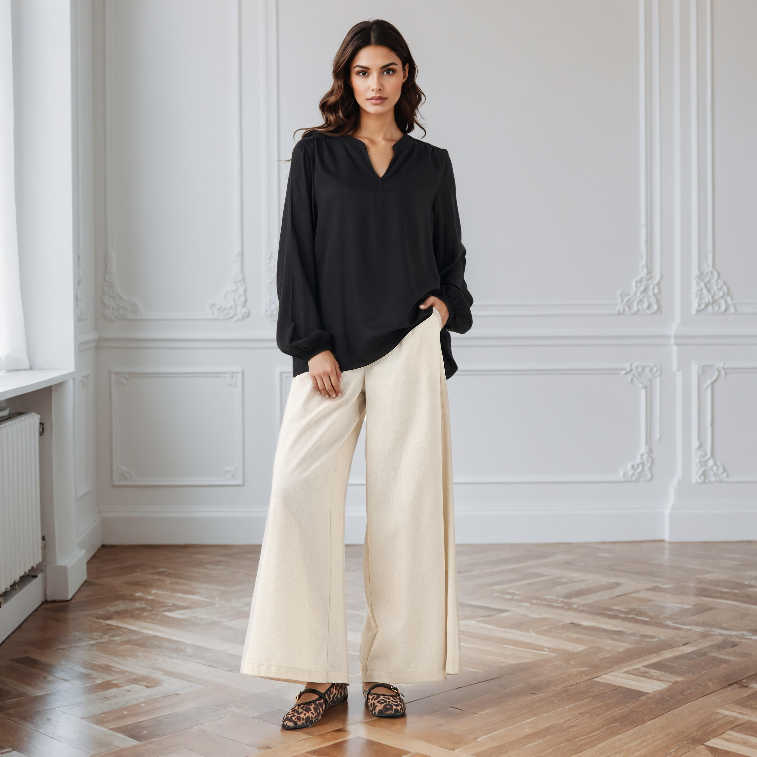 بلوزة فيسكوز بقصة عادية وياقة حرف V-women-clothing-shirtsandblouses-blouses-image-4