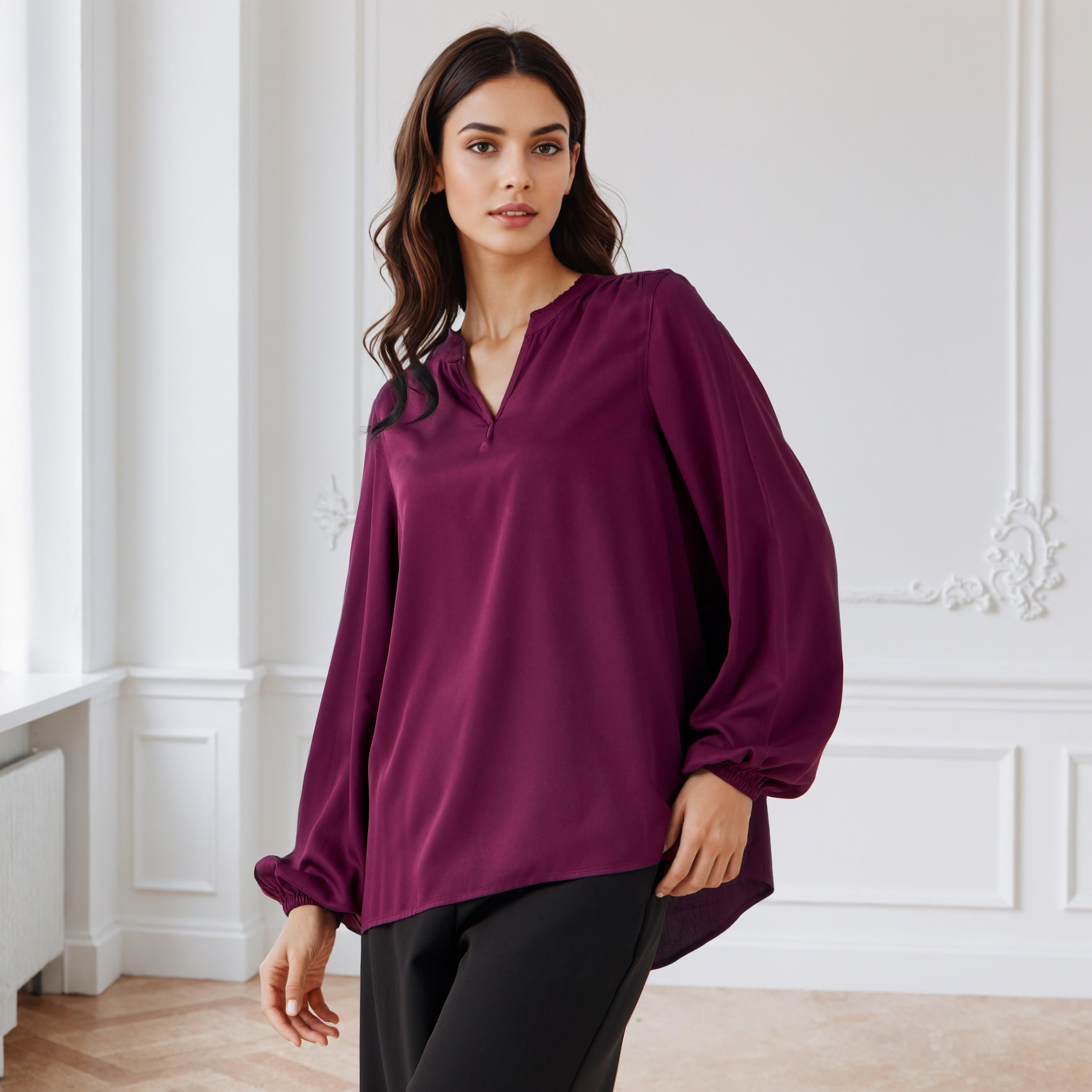 بلوزة فيسكوز بقصة عادية وياقة حرف V-women-clothing-shirtsandblouses-blouses-image-1