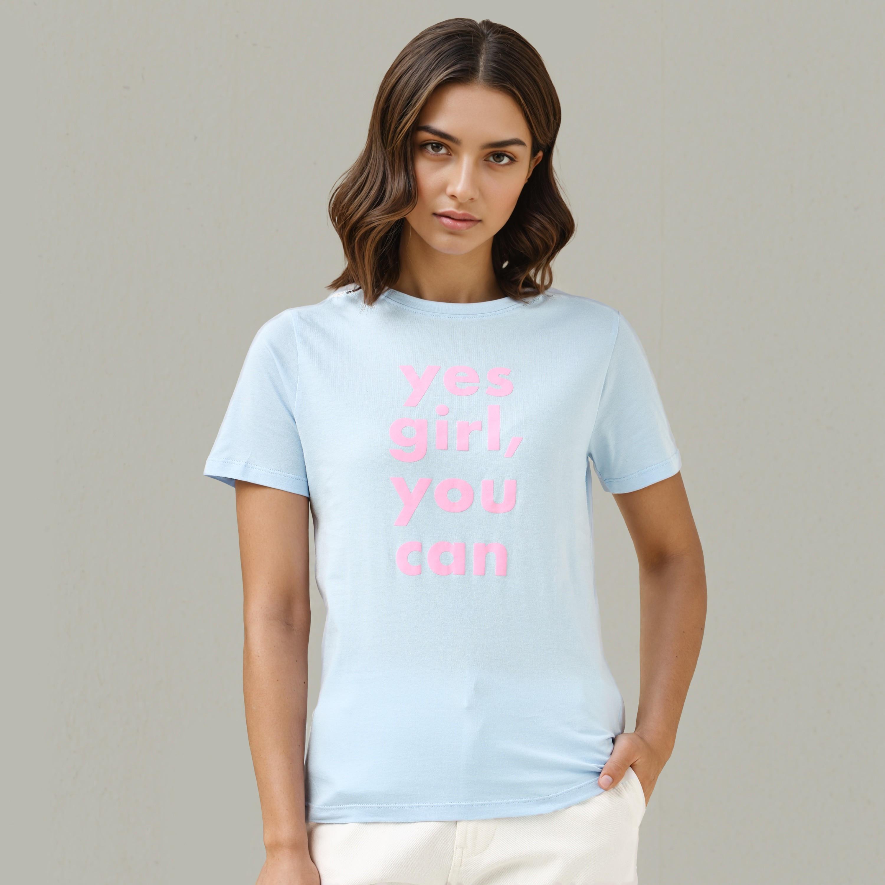Slogan Print T-shirt with Crew Neck-women-clothing-tshirts-image-1