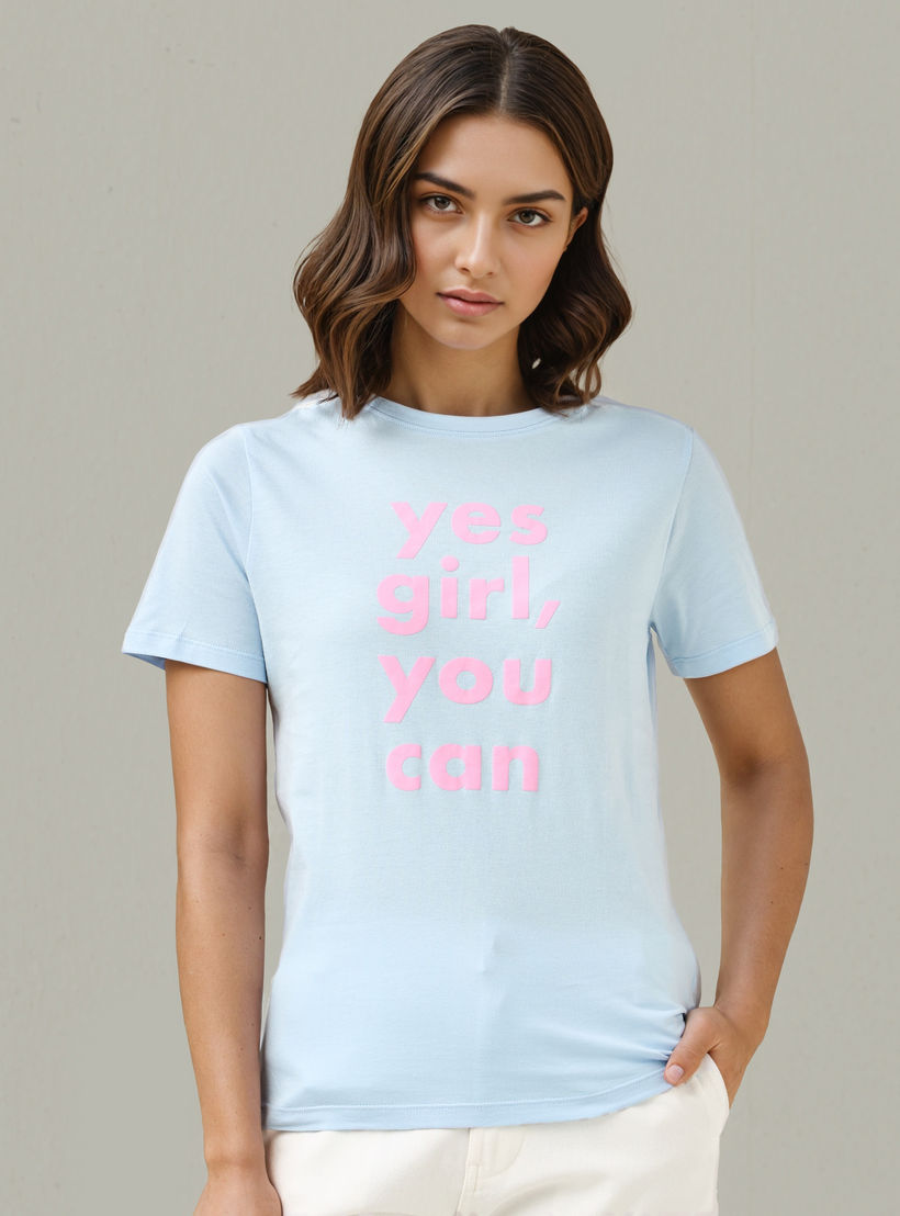 Slogan Print T-shirt with Crew Neck-women-clothing-tshirts-image-1