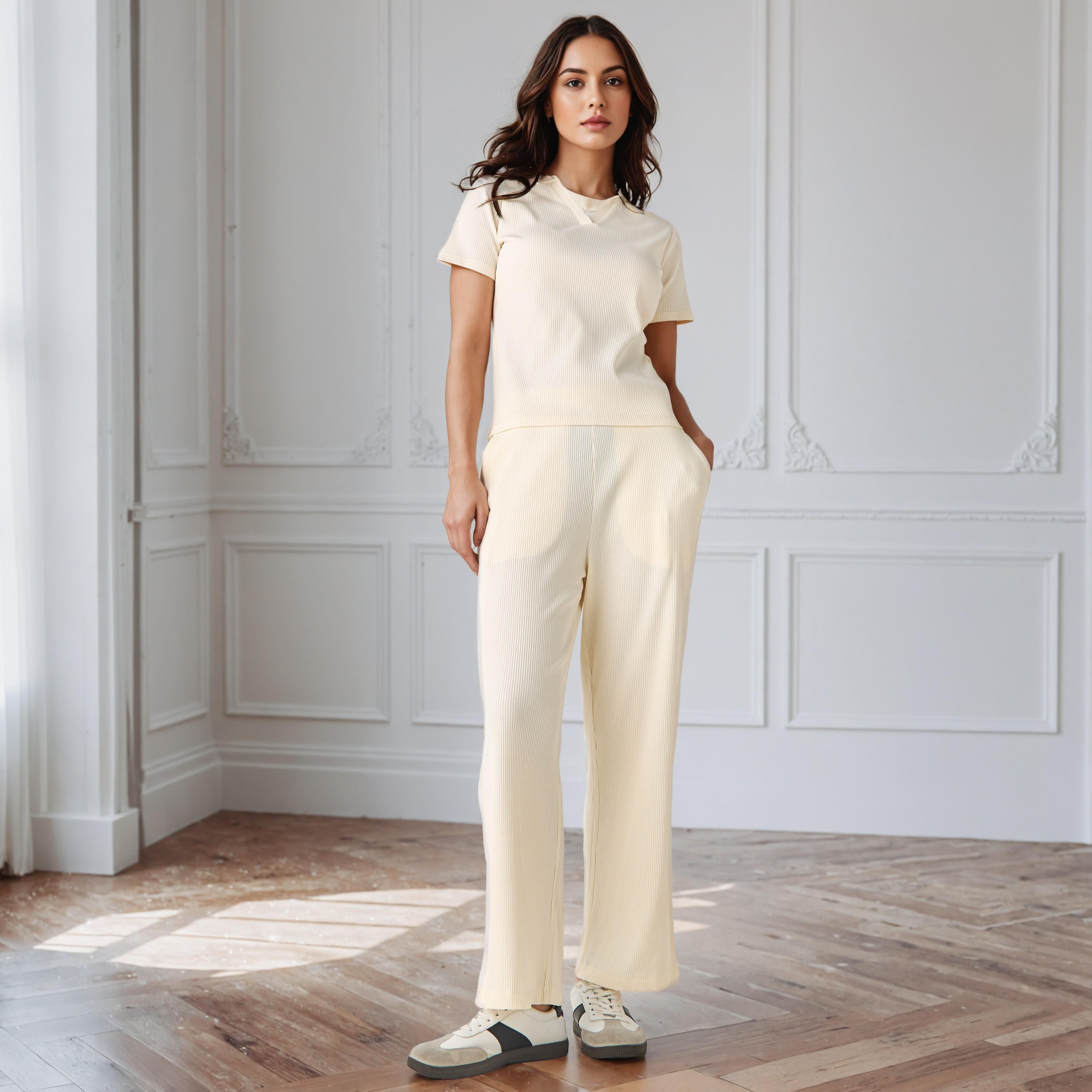 بنطلون واسع الساقين مضلع بخصر مطاطي وجيوب-women-clothing-bottoms-trousers-image-2