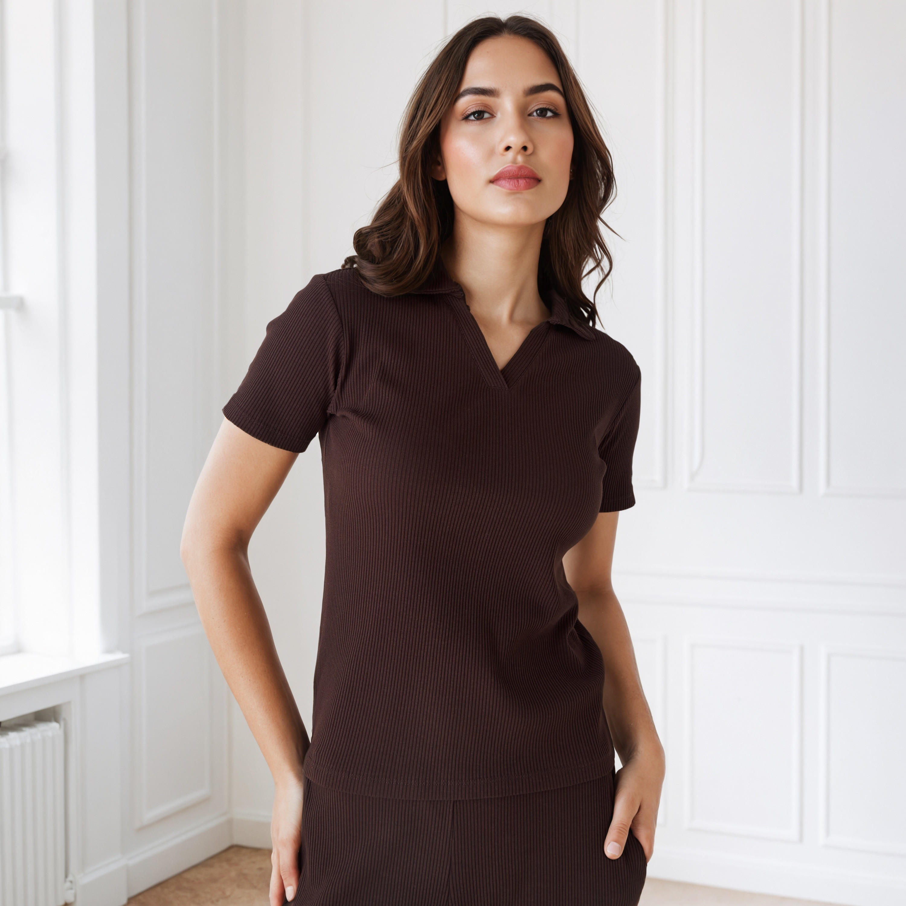 Ribbed Collared Polo T-shirt-women-clothing-tshirts-image-1