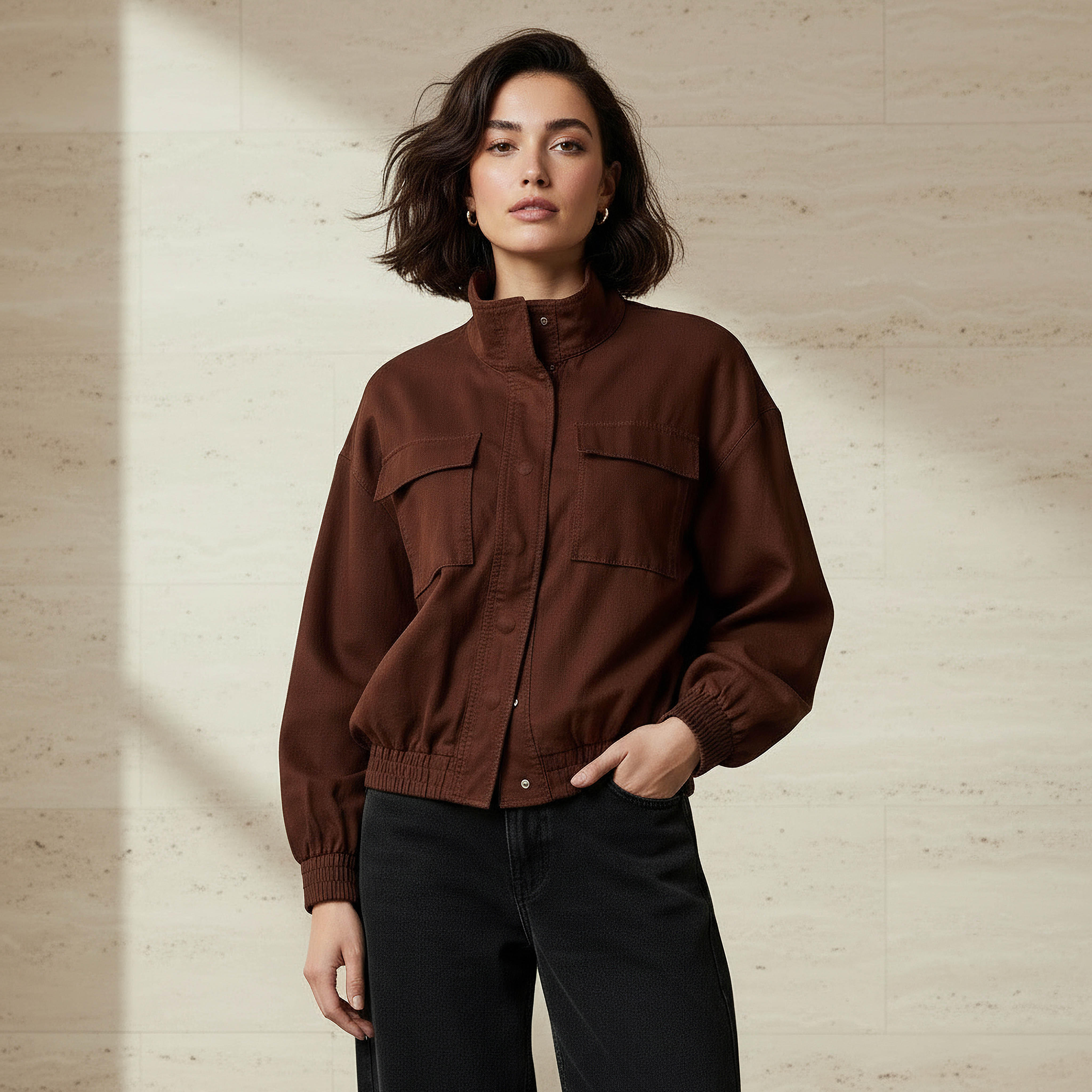 Linen Blend Utility Bomber Jacket with High Neck-women-winterwear-coatsandjackets-jackets-image-1