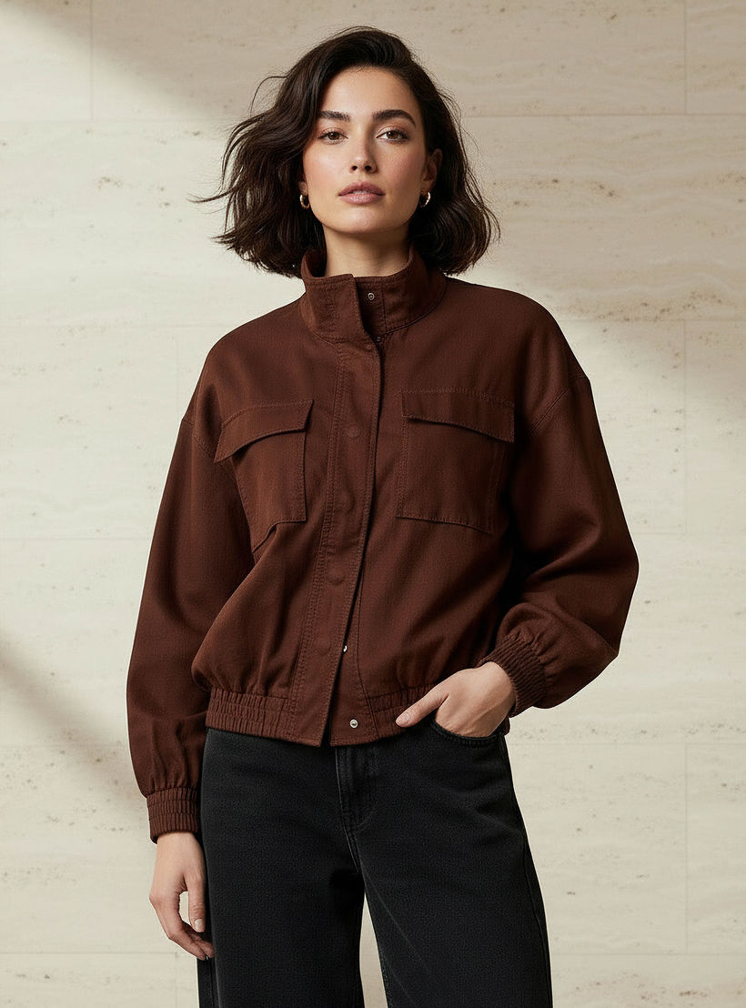 Linen Blend Utility Bomber Jacket with High Neck-women-winterwear-coatsandjackets-jackets-image-1