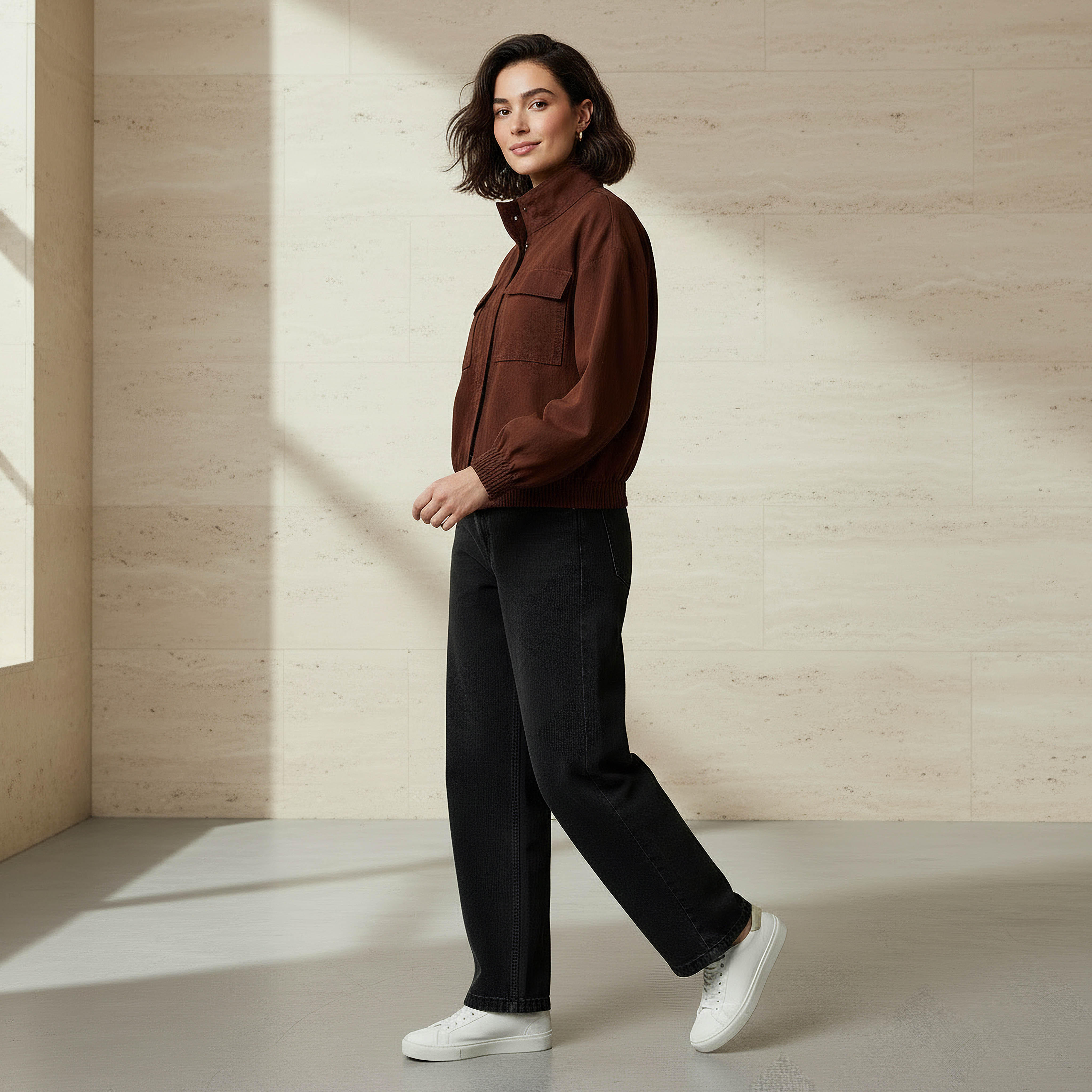 Linen Blend Utility Bomber Jacket with High Neck-women-winterwear-coatsandjackets-jackets-image-2