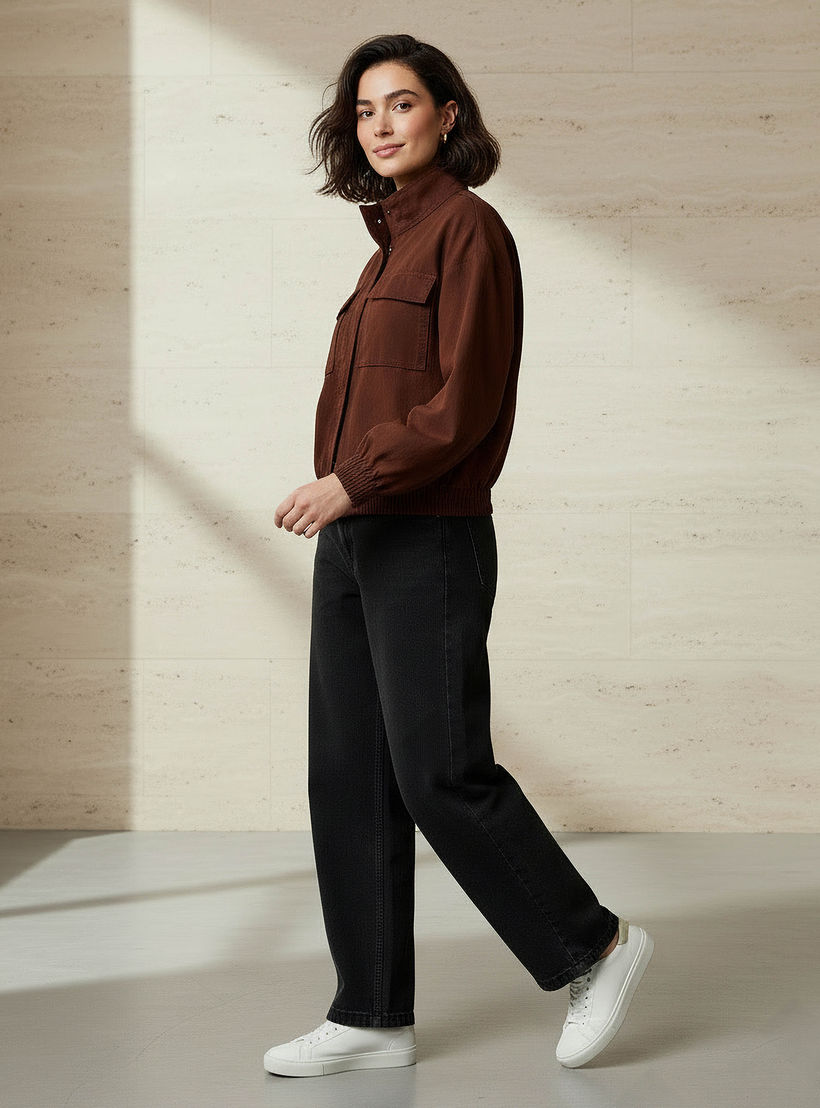 Linen Blend Utility Bomber Jacket with High Neck-women-winterwear-coatsandjackets-jackets-image-2