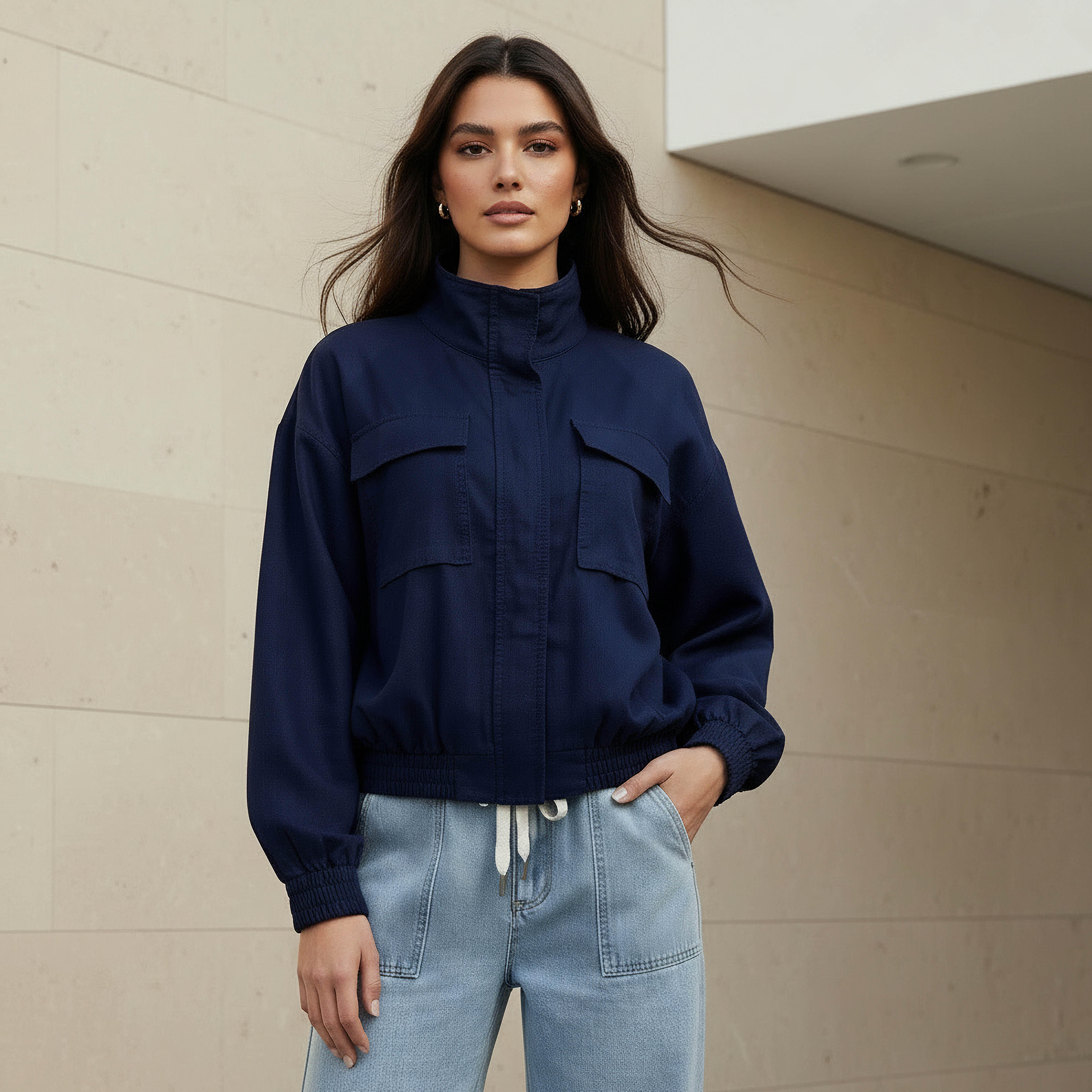 Linen Blend Utility Bomber Jacket with High Neck-women-winterwear-coatsandjackets-jackets-image-1