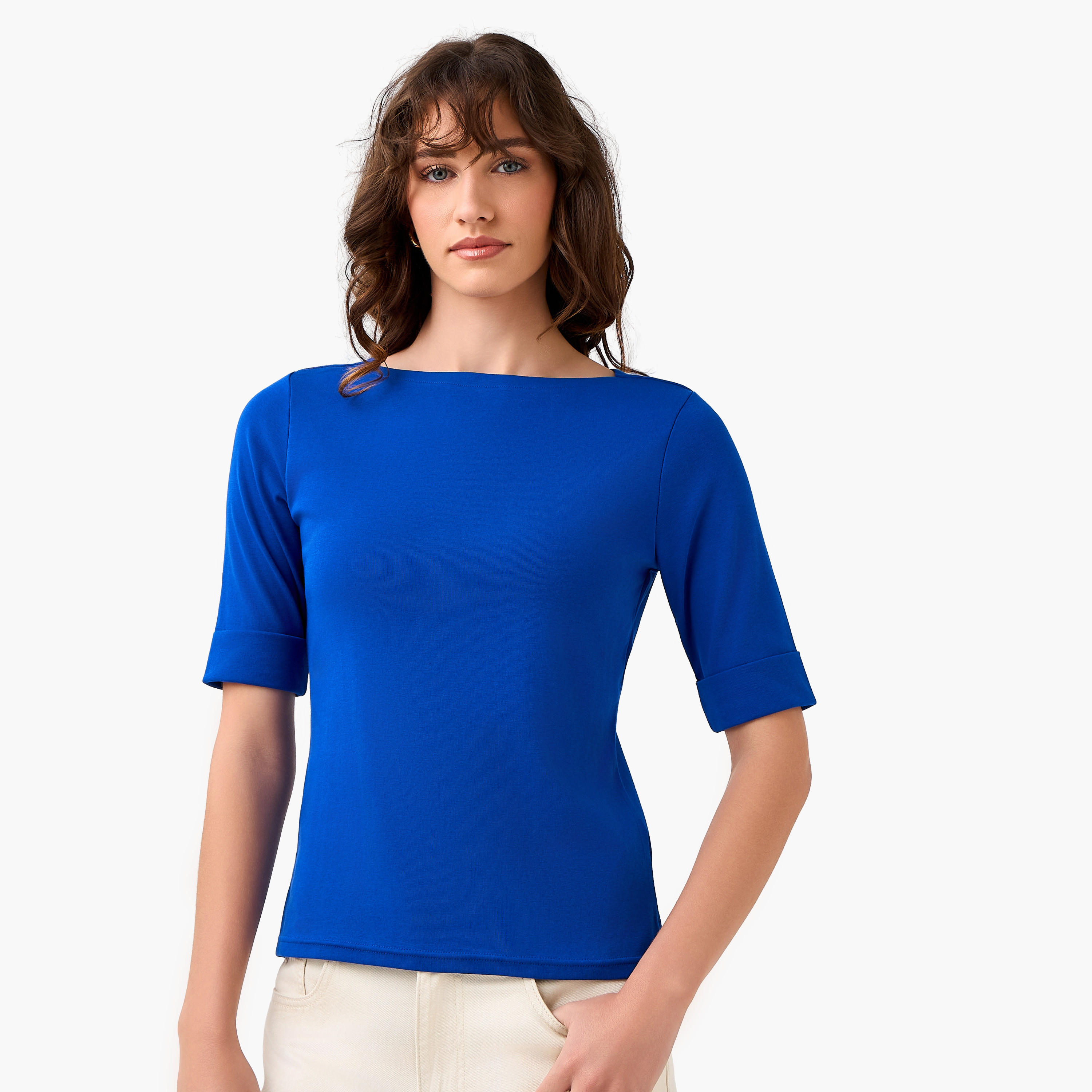 Regular Fit T-shirt with Boat Neck-women-clothing-tshirts-image-2