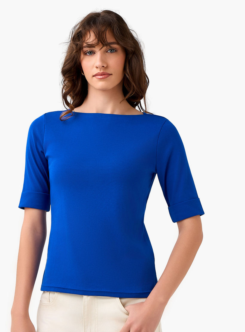 تيشيرت بقصة عادية وياقة قارب-women-clothing-tshirts-image-2