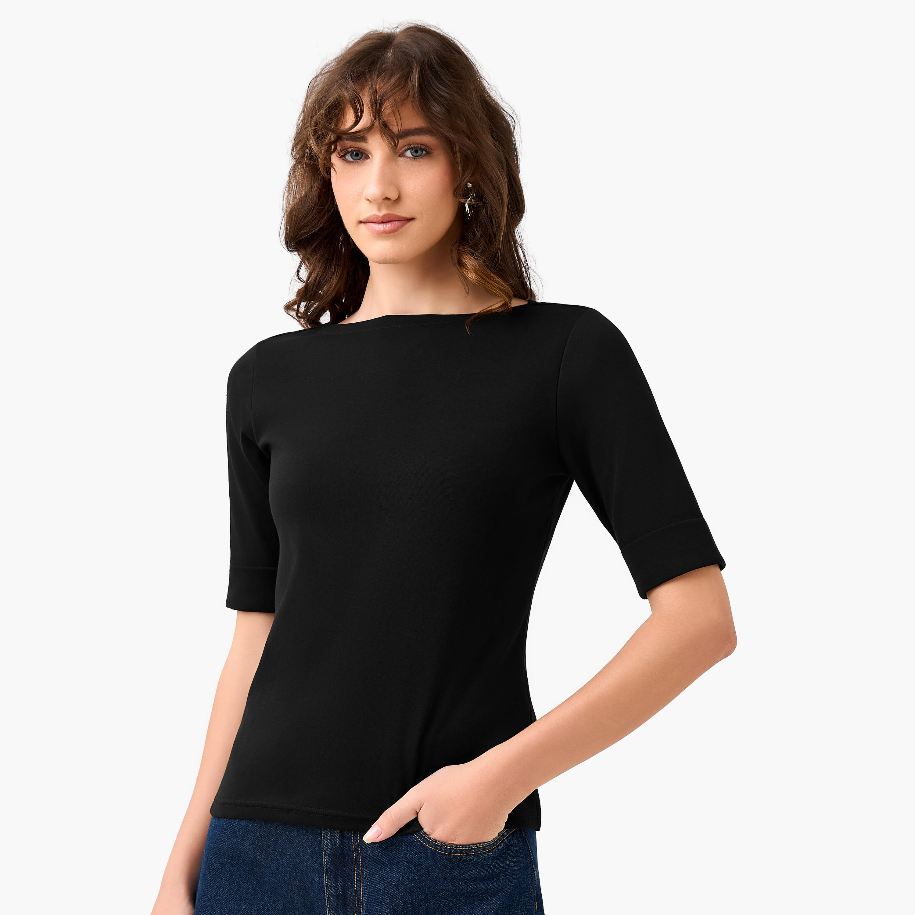 Regular Fit T-shirt with Boat Neck-women-clothing-tshirts-image-2