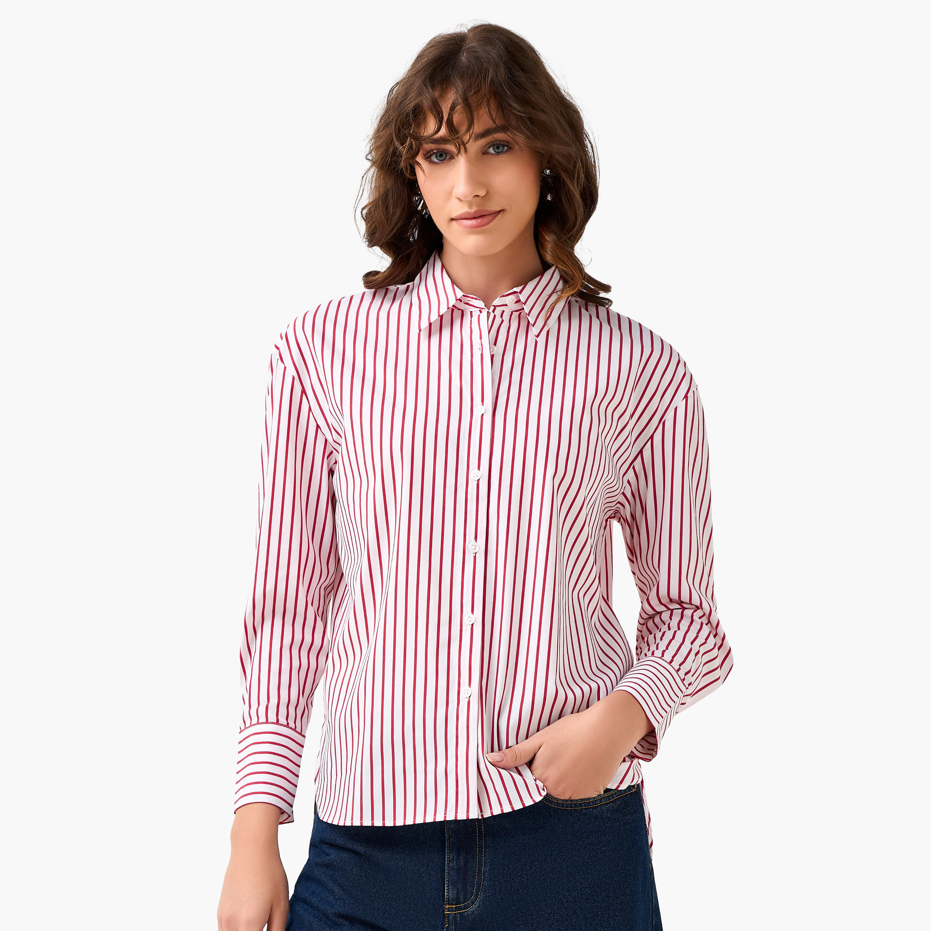 Regular Fit Poplin High Low Shirt with Stripes-women-clothing-shirtsandblouses-shirts-image-2
