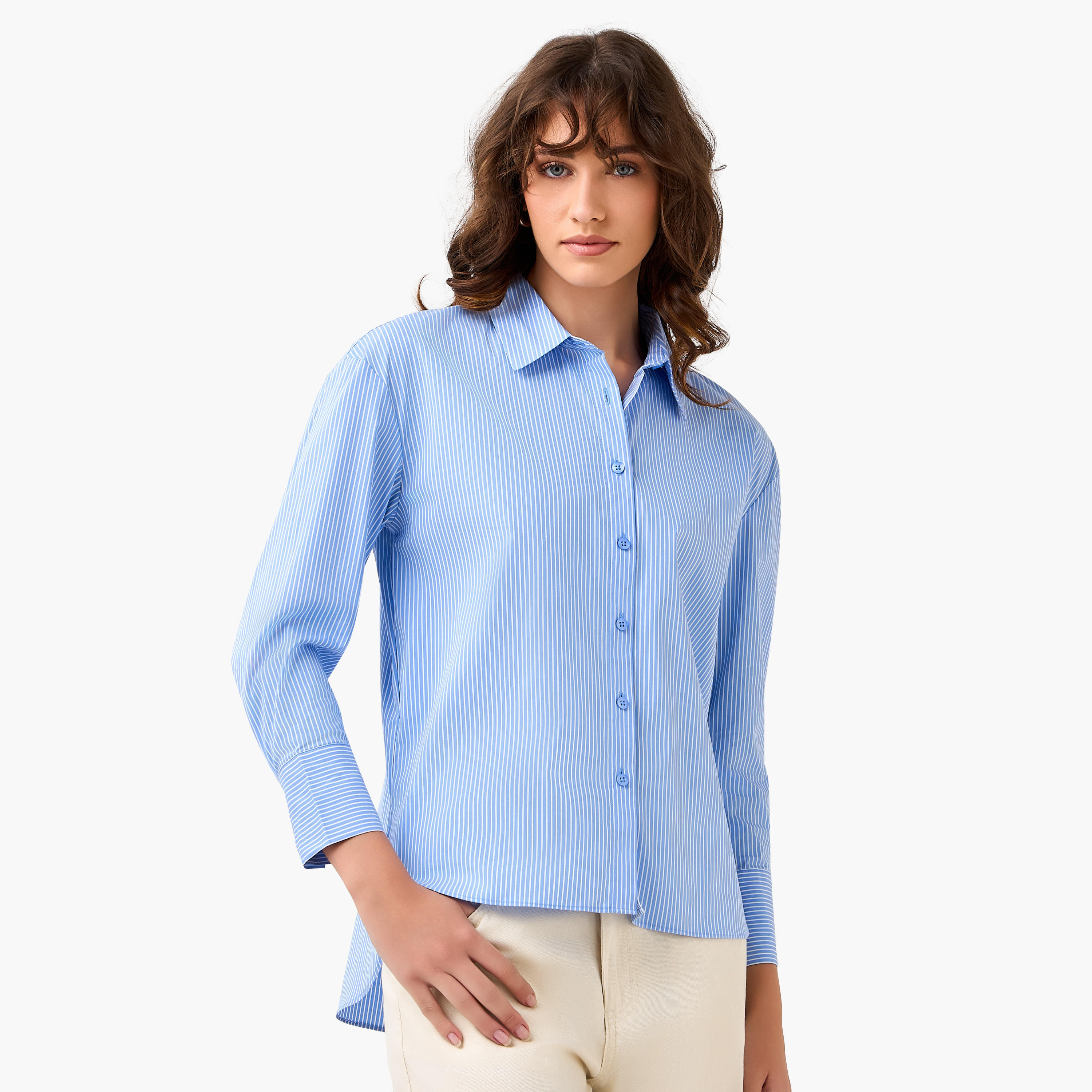 Regular Fit Poplin High Low Shirt with Stripes-women-clothing-shirtsandblouses-shirts-image-2