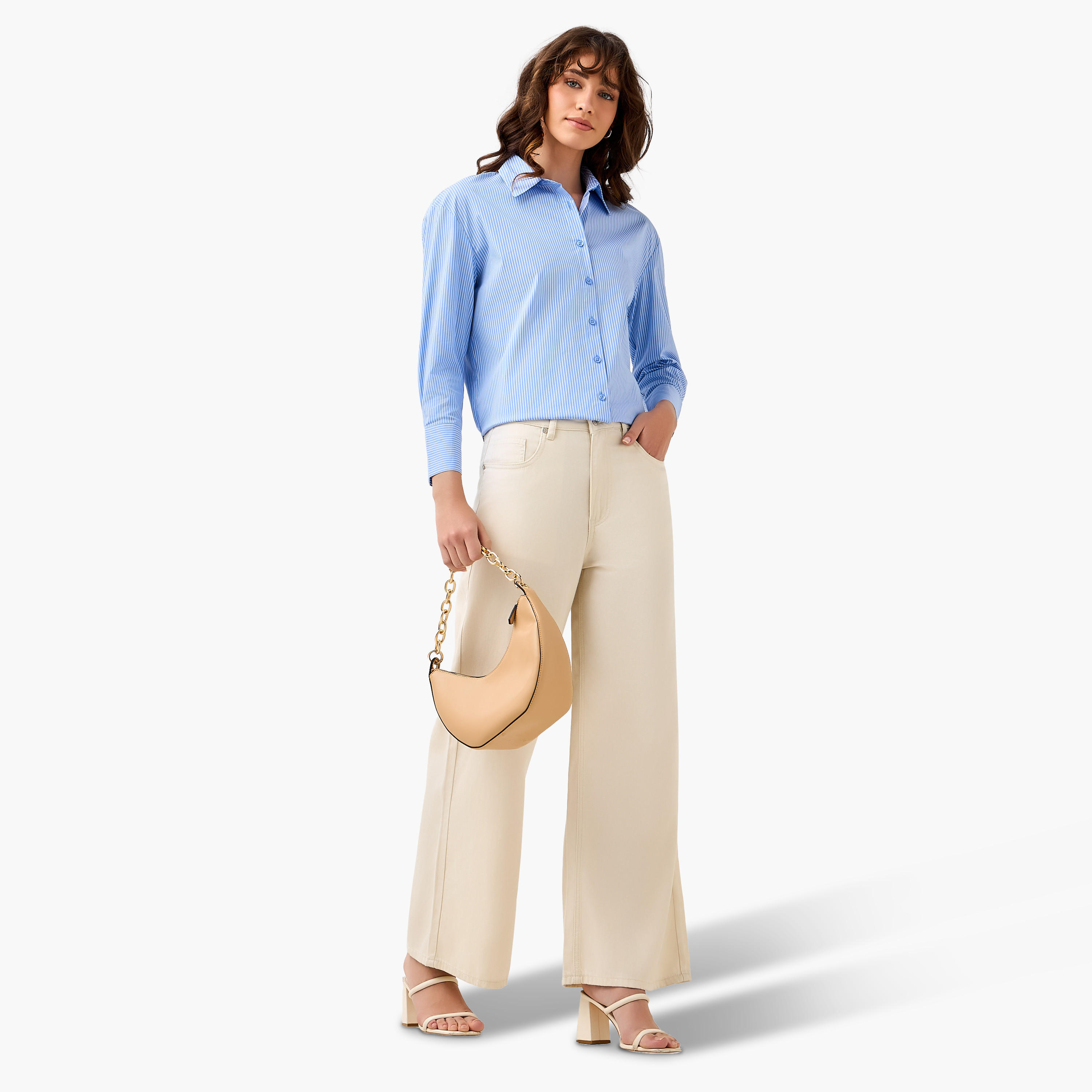 Regular Fit Poplin High Low Shirt with Stripes-women-clothing-shirtsandblouses-shirts-image-3