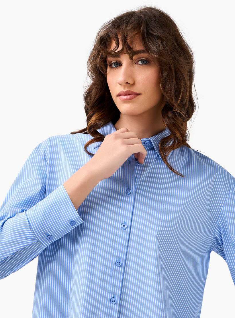 Regular Fit Poplin High Low Shirt with Stripes-women-clothing-shirtsandblouses-shirts-image-6