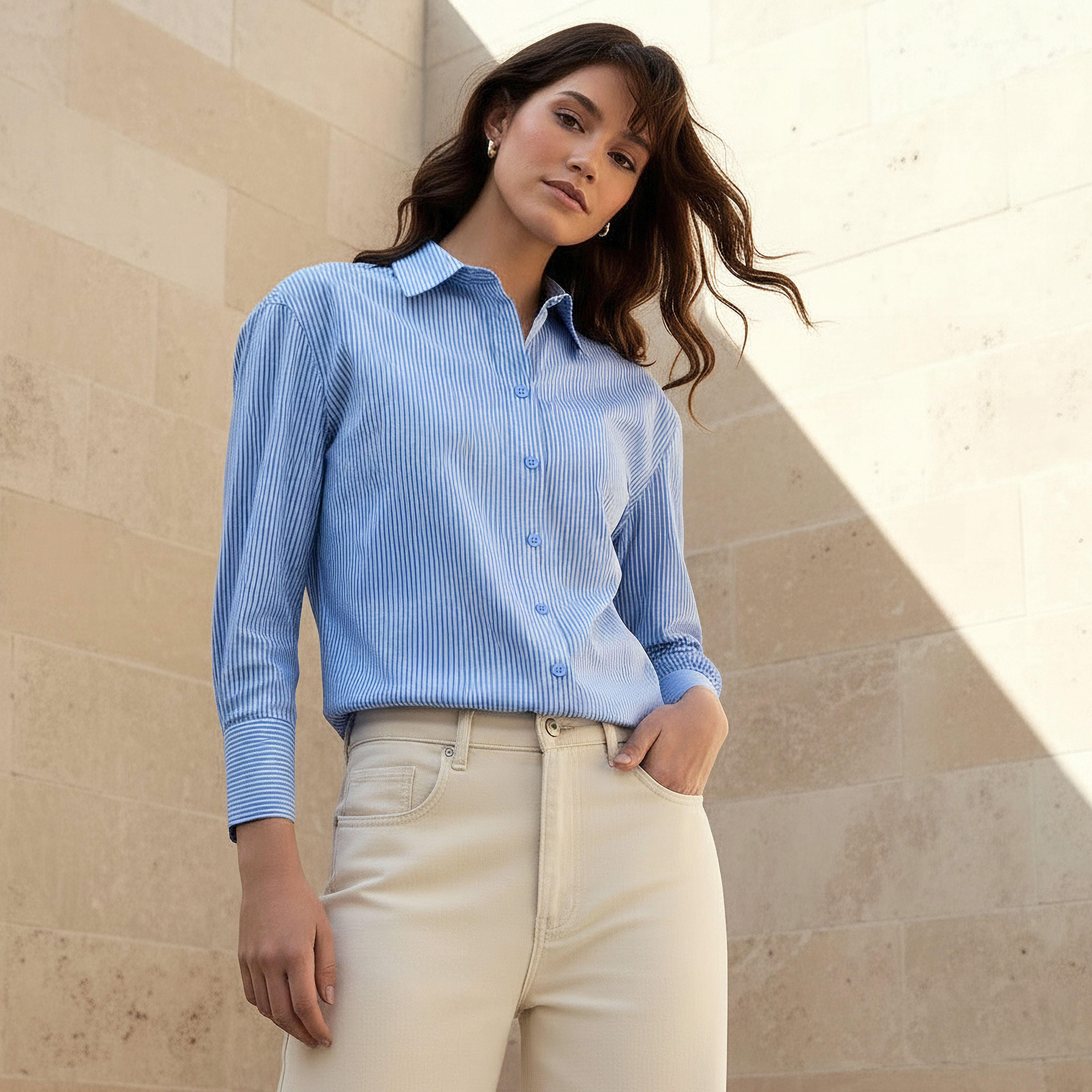 Regular Fit Poplin High Low Shirt with Stripes-women-clothing-shirtsandblouses-shirts-image-1