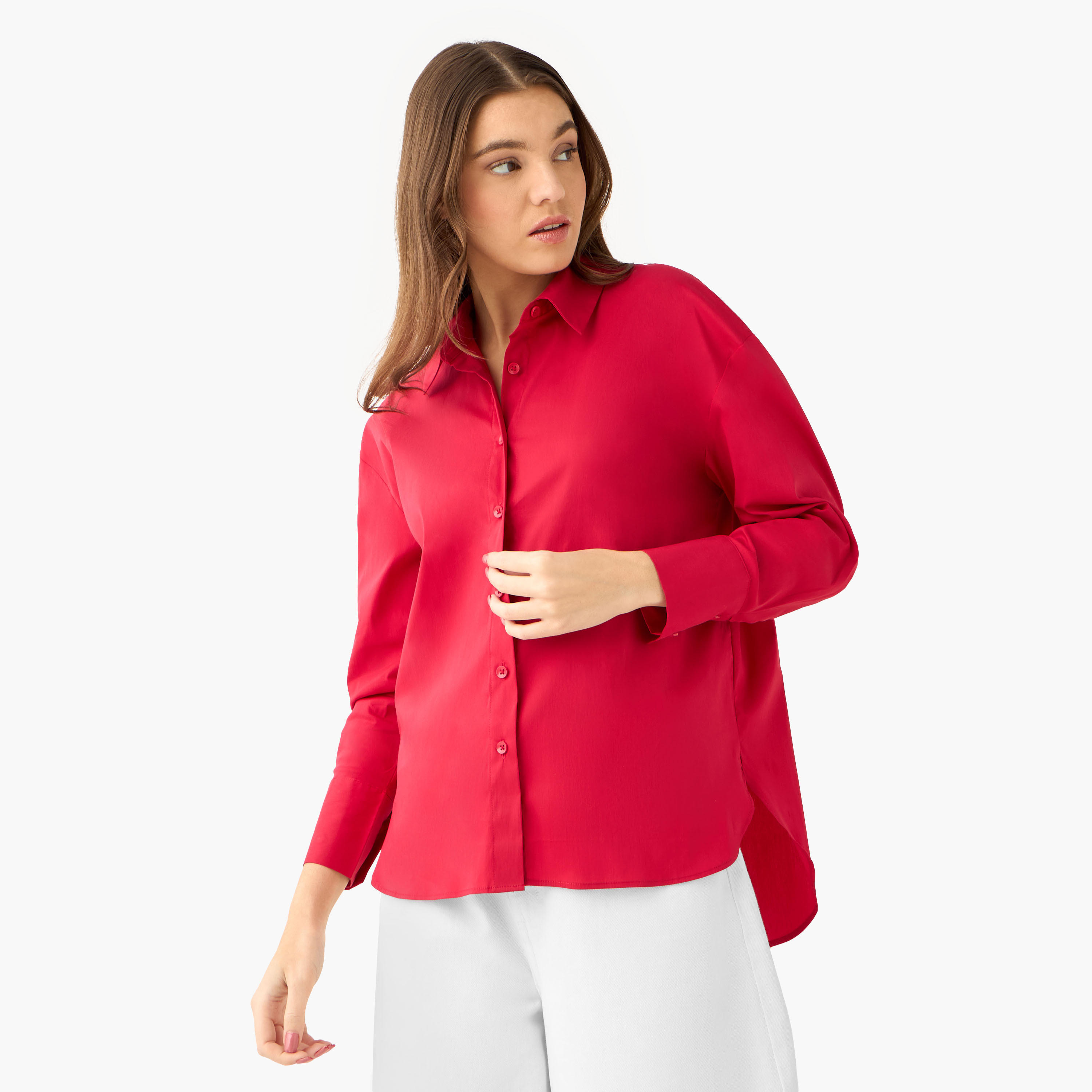 Poplin Shirt with High Low Hem-women-clothing-shirtsandblouses-shirts-image-2