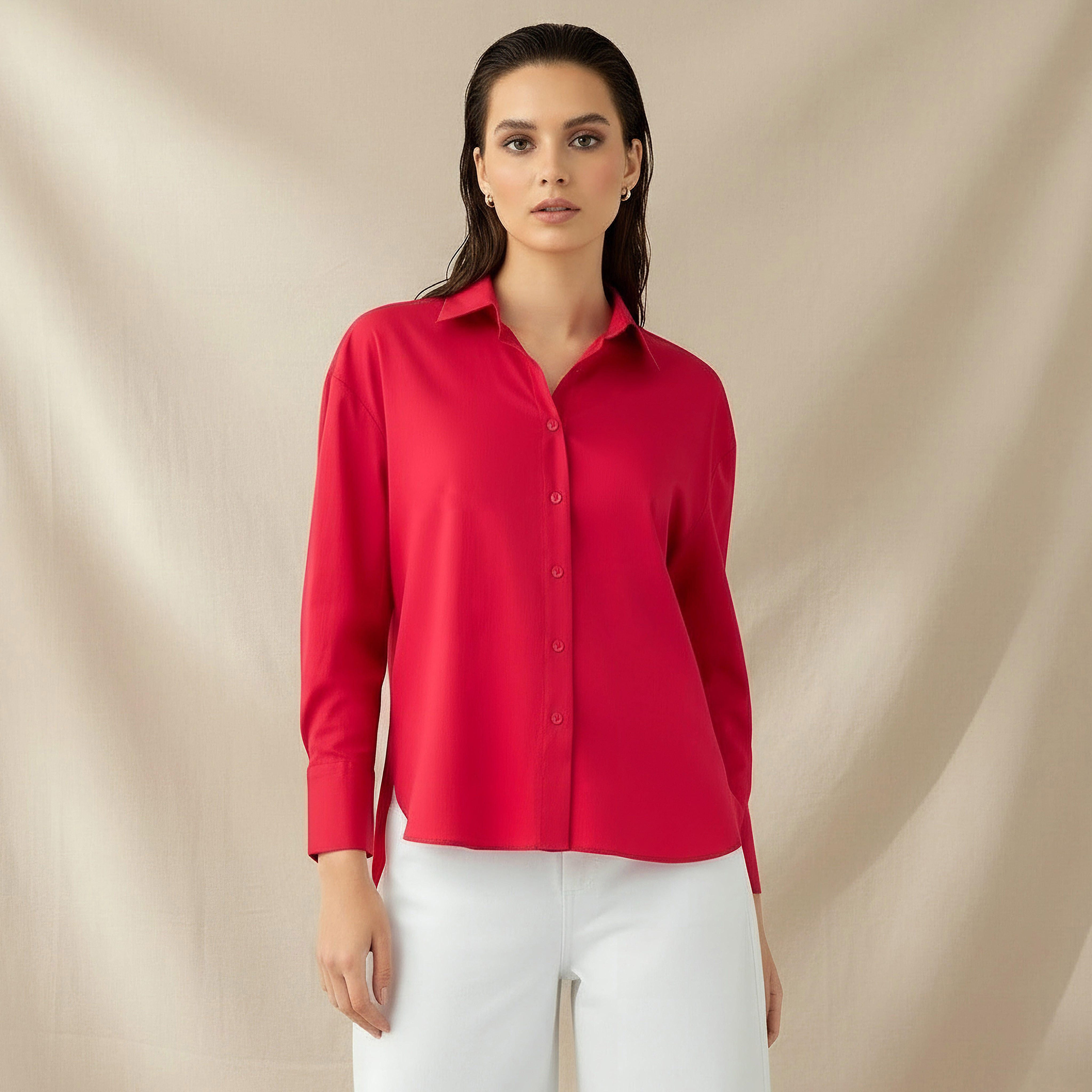 Poplin Shirt with High Low Hem-women-clothing-shirtsandblouses-shirts-image-1