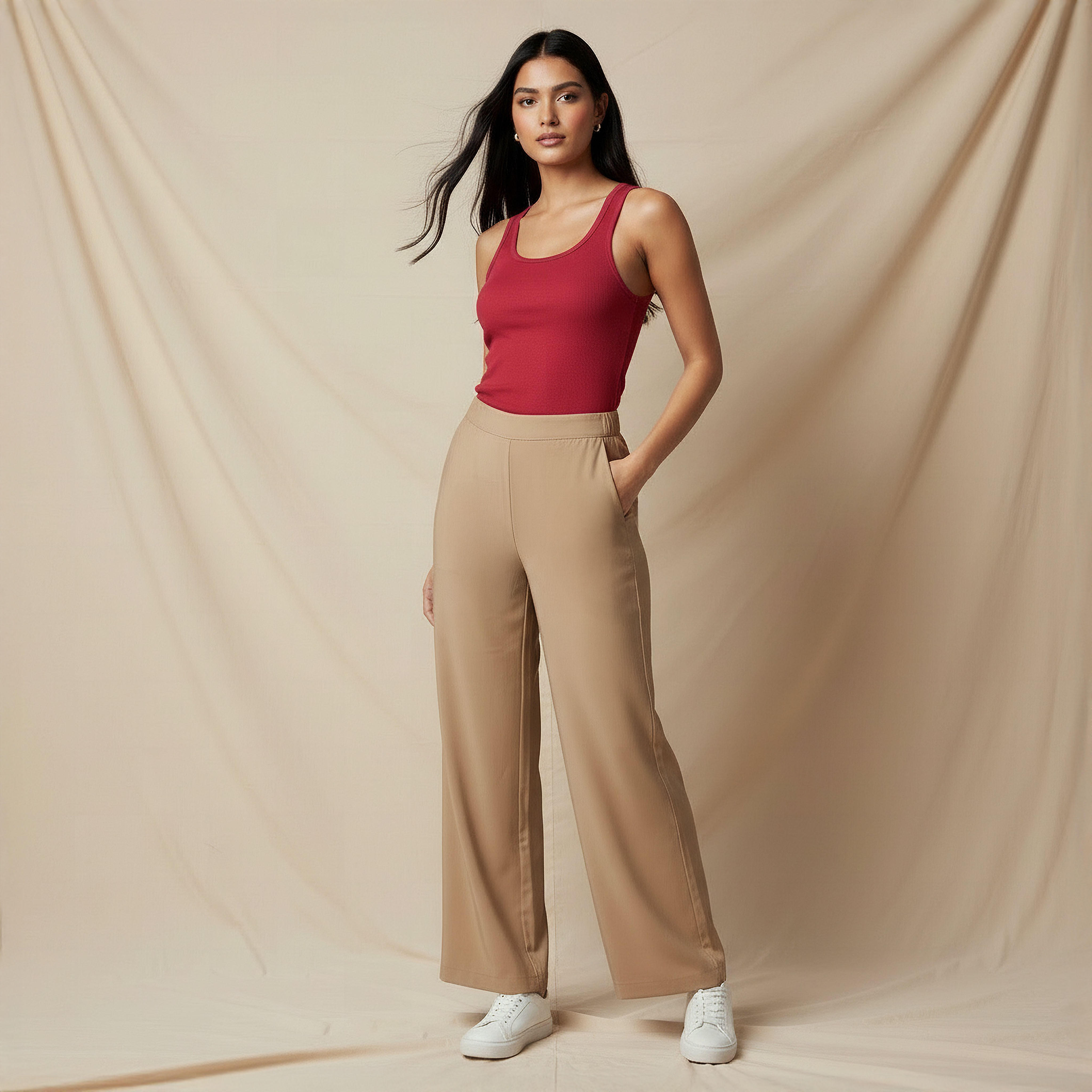بنطلون واسع الساقين بقصة عادية وخصر متوسط الارتفاع-women-clothing-coordsets-image-2