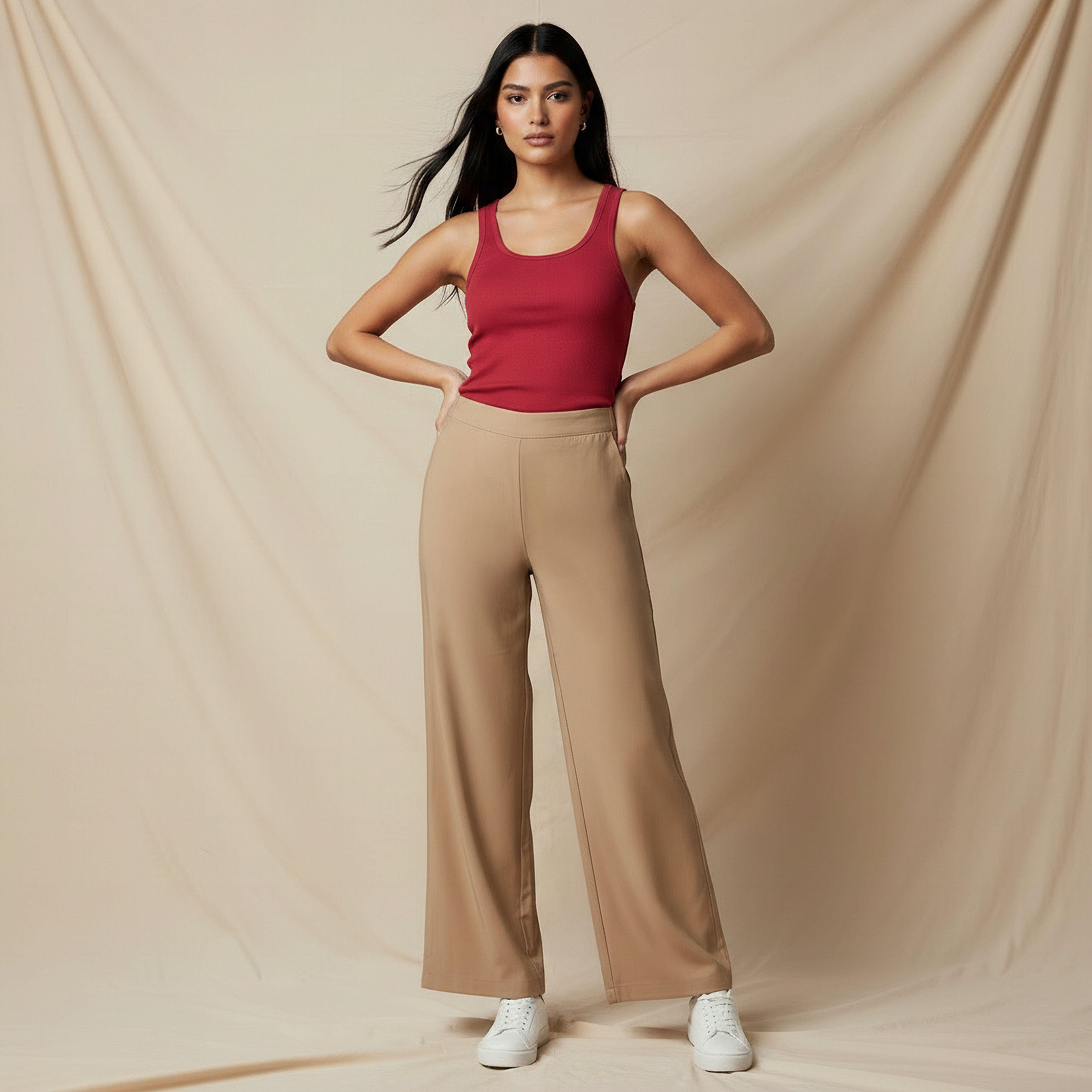 بنطلون واسع الساقين بقصة عادية وخصر متوسط الارتفاع-women-clothing-coordsets-image-5