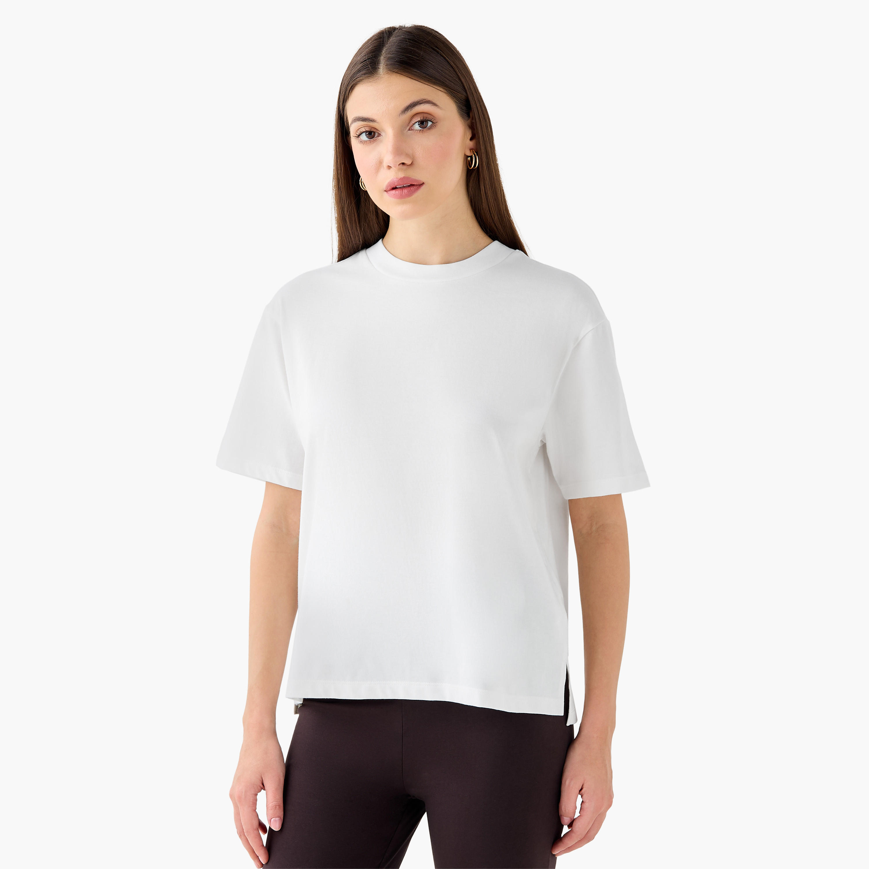 Regular Fit Cotton T-shirt with Side Slits-women-clothing-tshirts-image-1