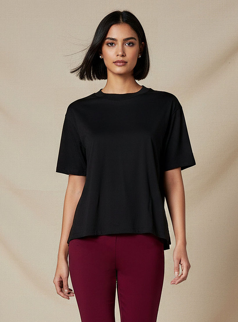 تيشيرت قطن بقصة عادية وفتحات جانبية-women-clothing-tshirts-image-1