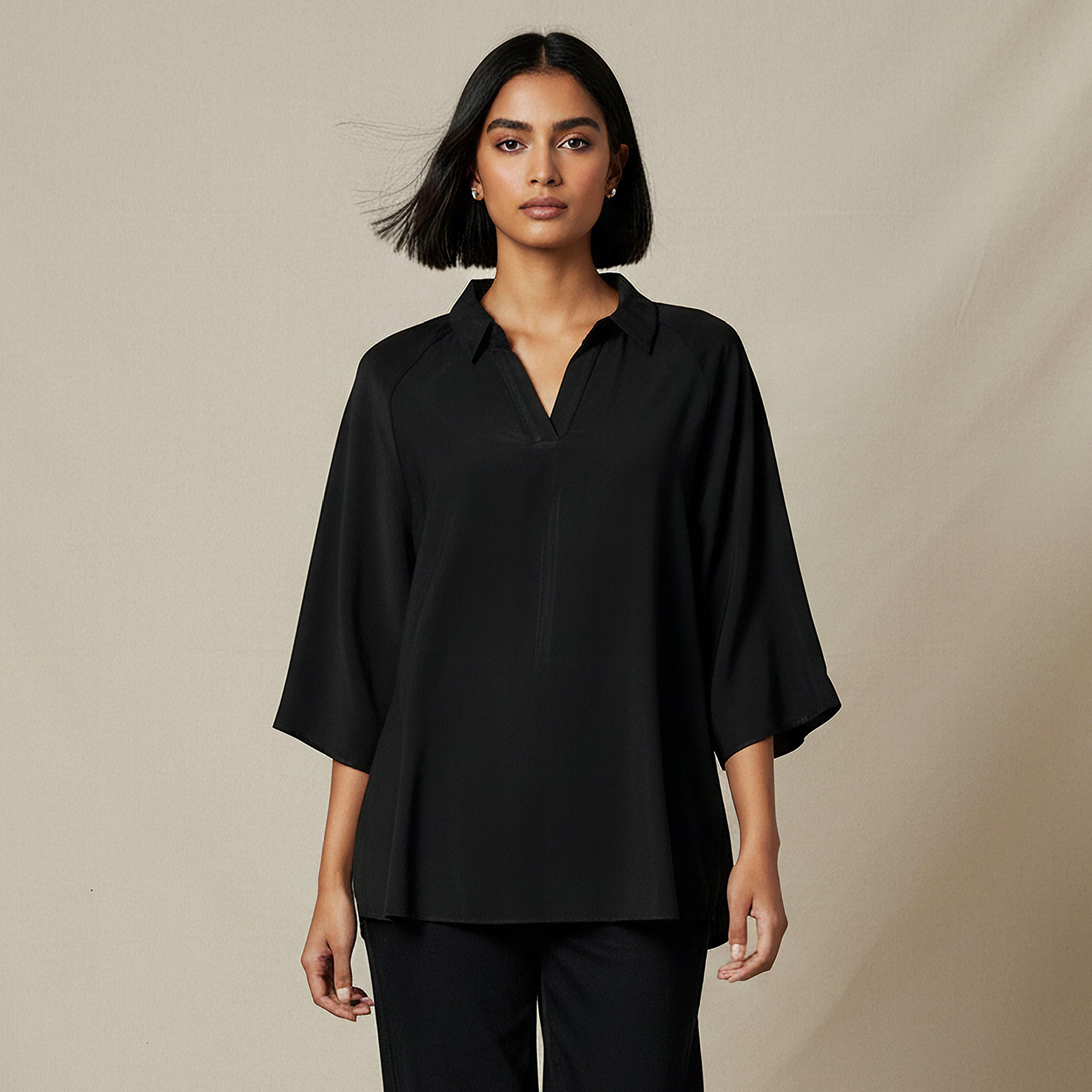 بلوزة تويل بقصة عادية وأكمام راجلان وياقة-women-clothing-coordsets-image-1