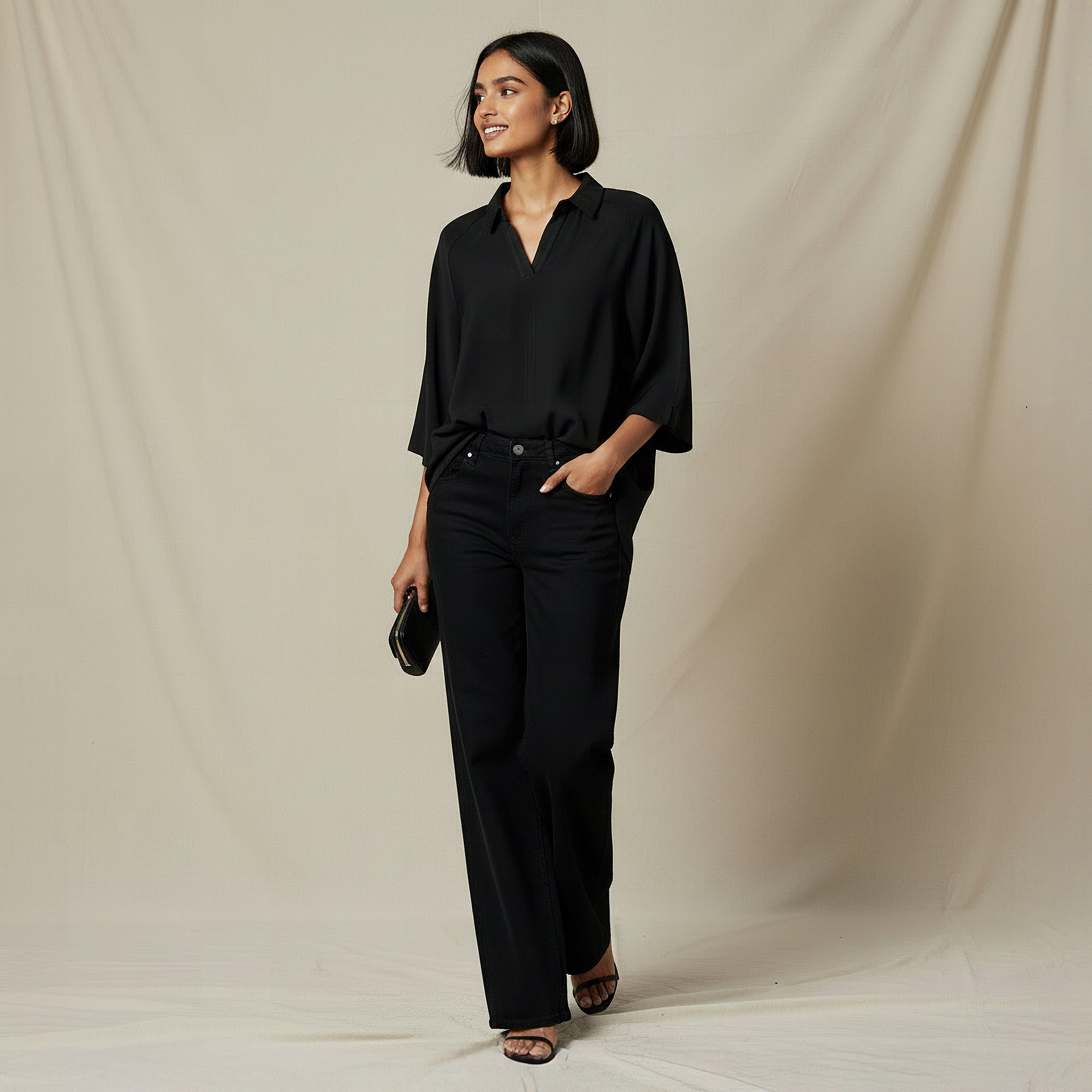 Relaxed Fit Twill Raglan Sleeve Top with Collar-women-clothing-coordsets-image-2