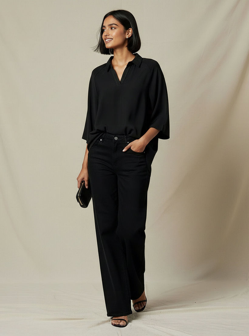 بلوزة تويل بقصة عادية وأكمام راجلان وياقة-women-clothing-coordsets-image-2