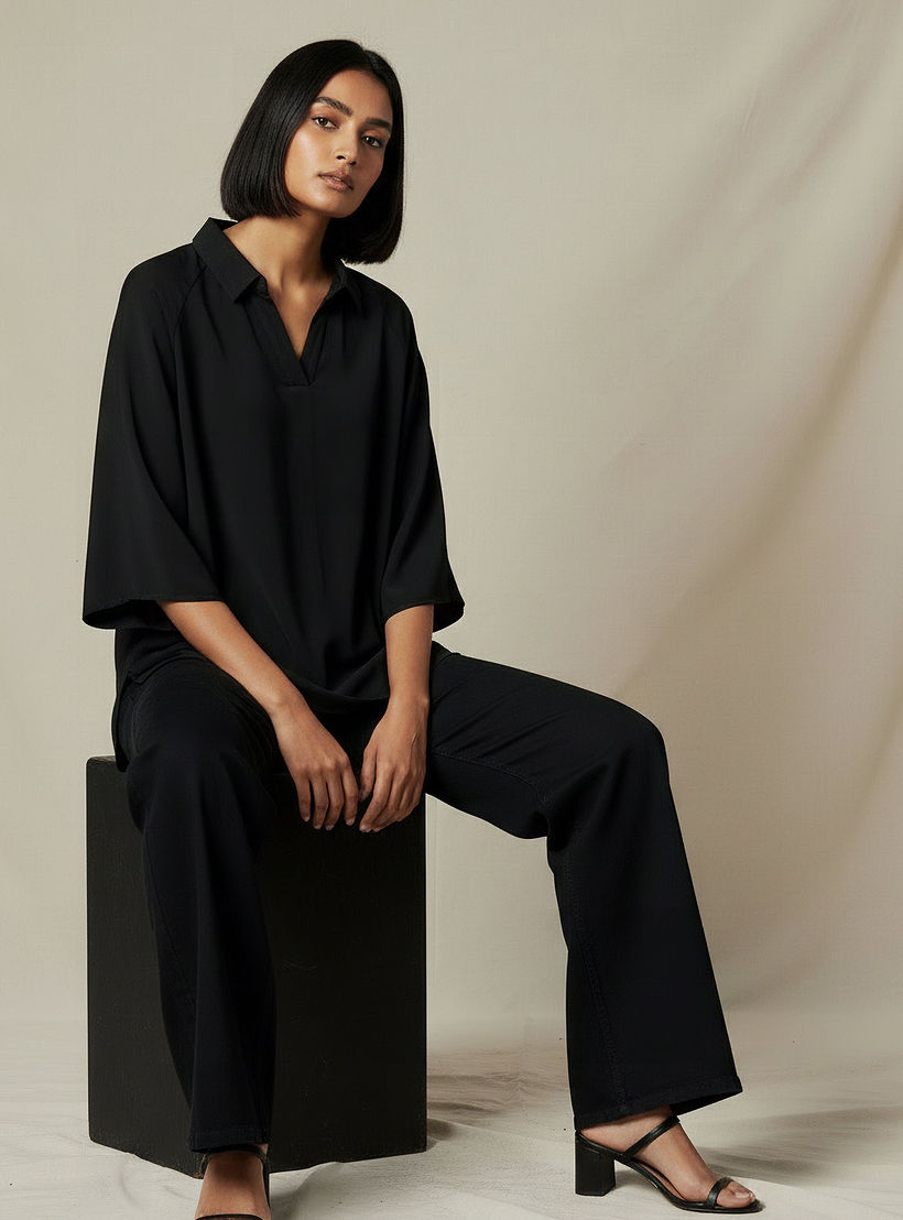 بلوزة تويل بقصة عادية وأكمام راجلان وياقة-women-clothing-coordsets-image-5