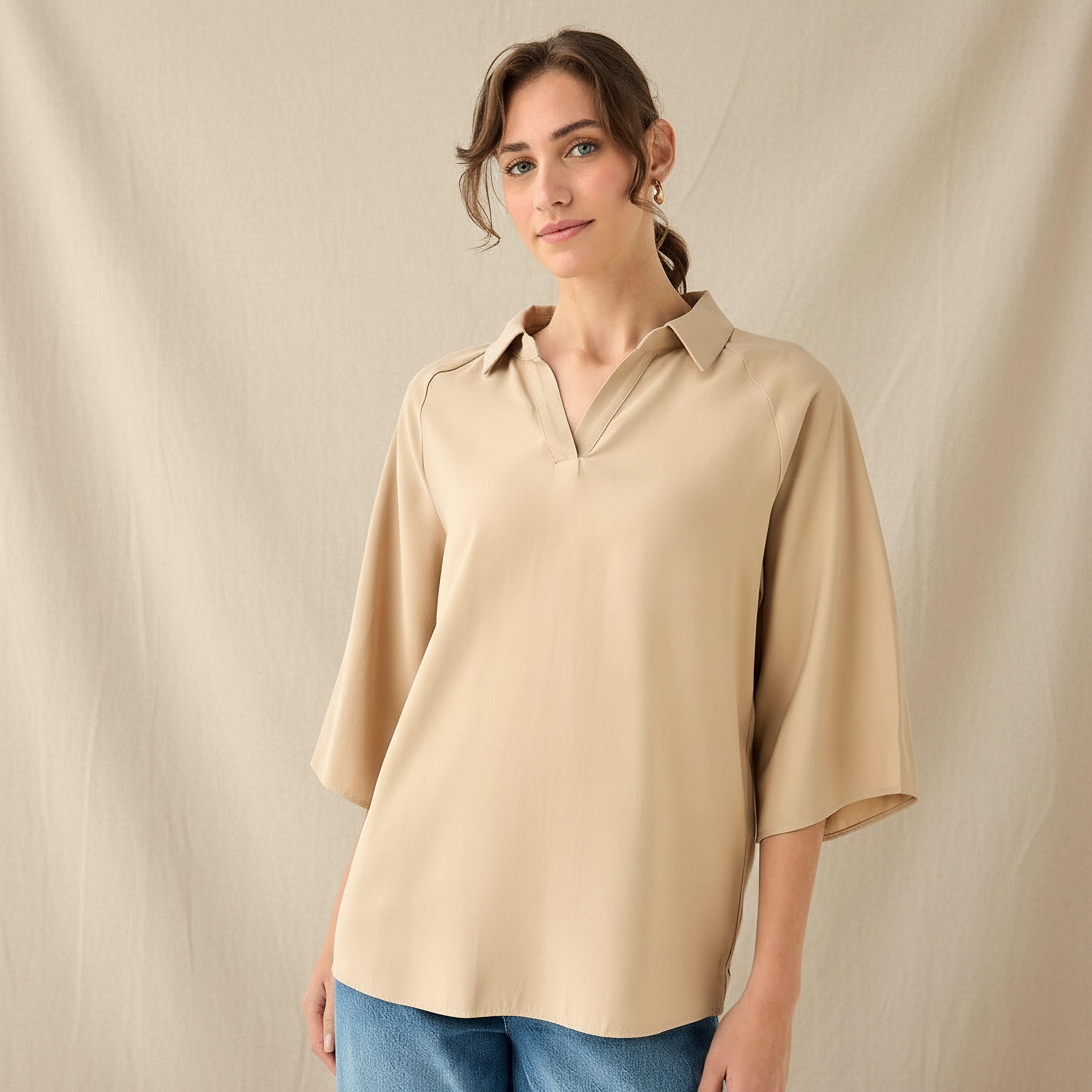 Relaxed Fit Twill Raglan Sleeve Top with Collar-women-clothing-coordsets-image-1