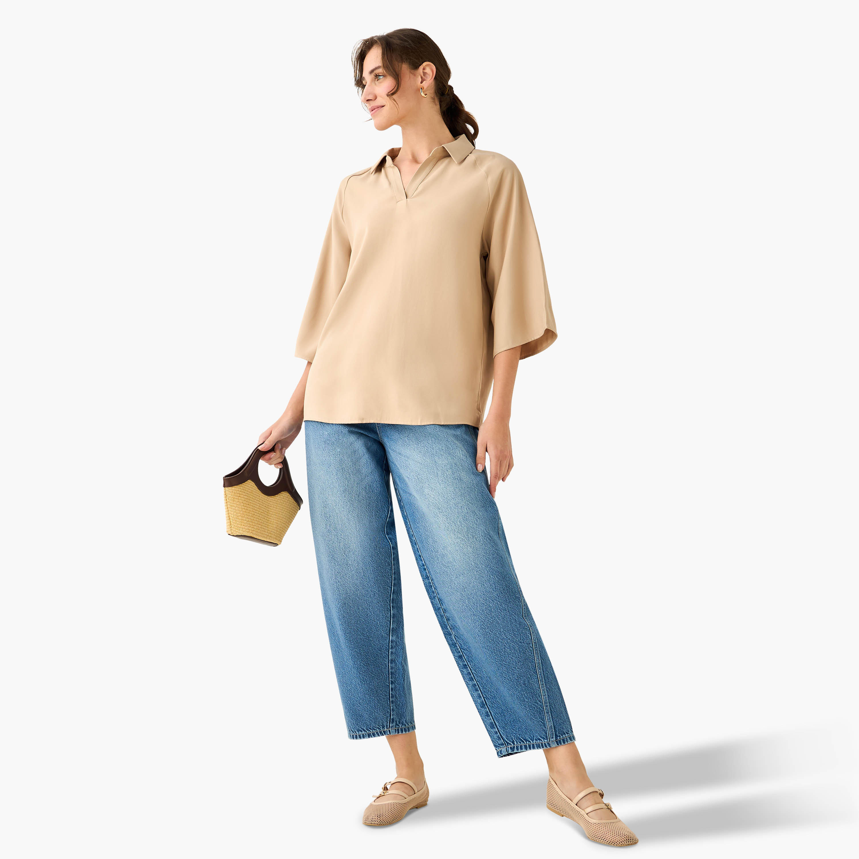 Relaxed Fit Twill Raglan Sleeve Top with Collar-women-clothing-coordsets-image-2