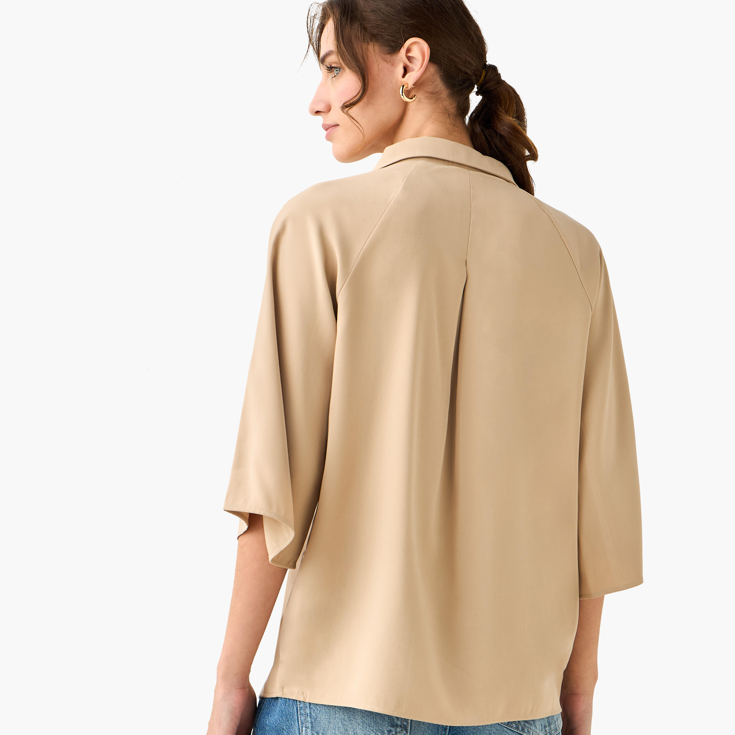 Relaxed Fit Twill Raglan Sleeve Top with Collar-women-clothing-coordsets-image-3