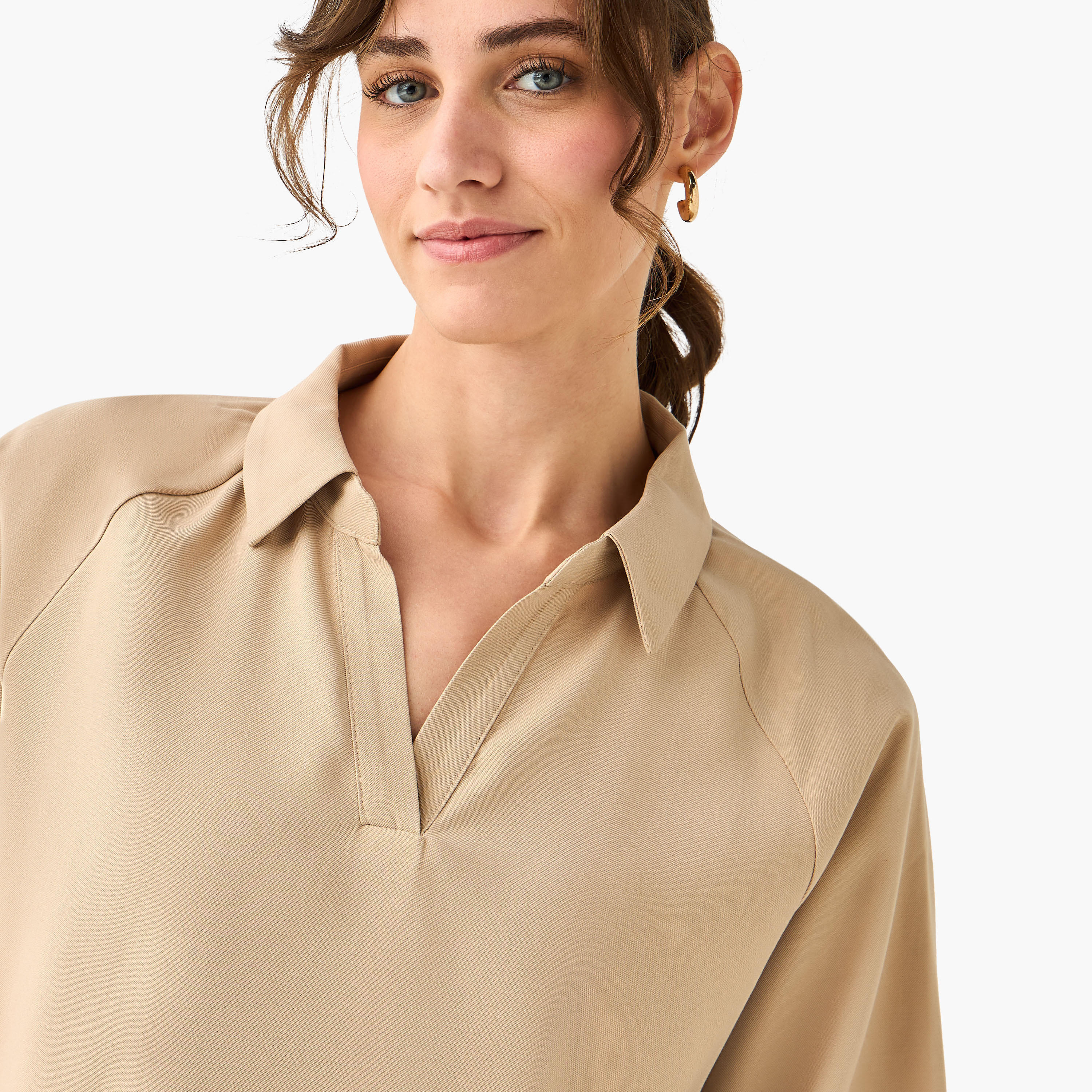 Relaxed Fit Twill Raglan Sleeve Top with Collar-women-clothing-coordsets-image-5