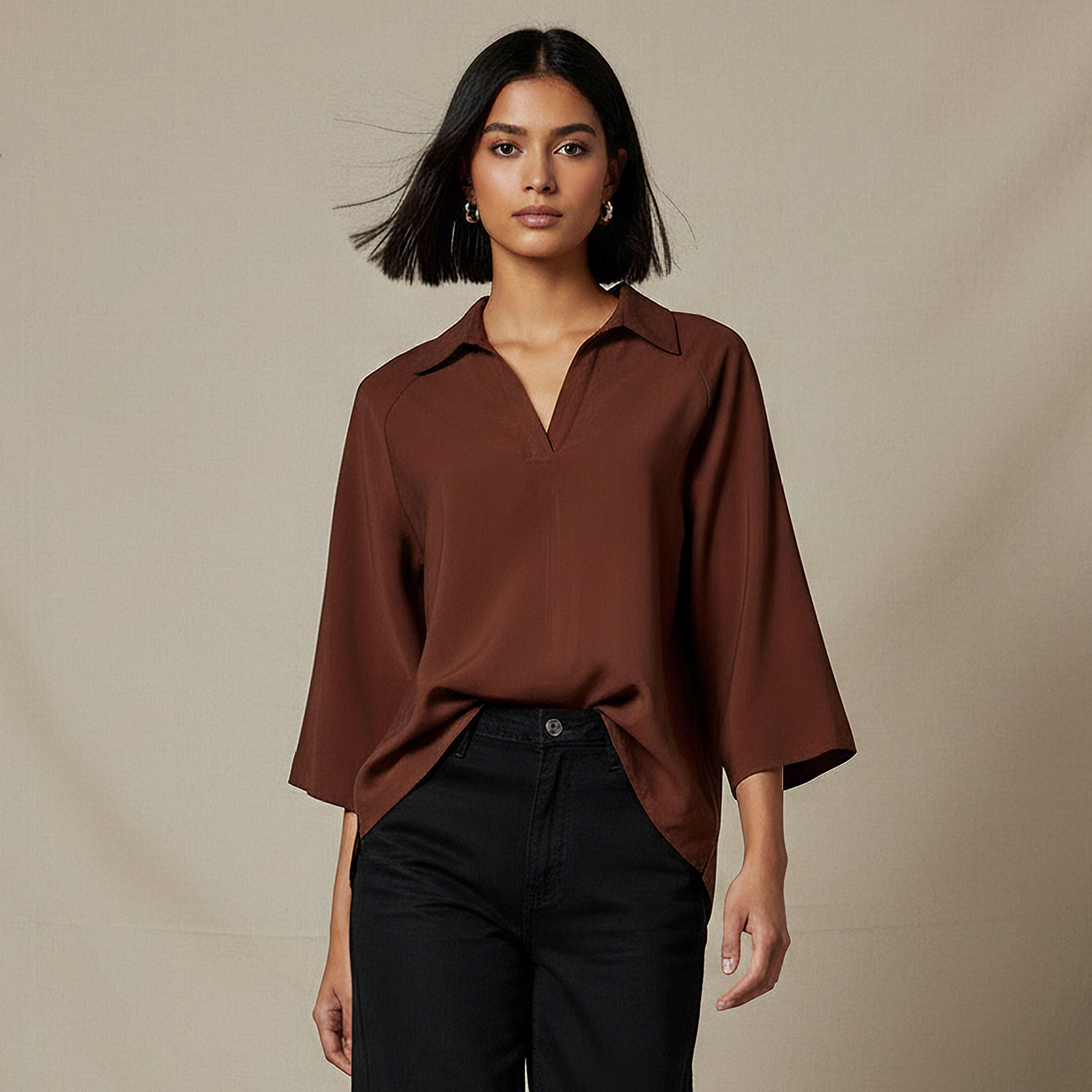 Relaxed Fit Twill Raglan Sleeve Top with Collar-women-clothing-coordsets-image-1