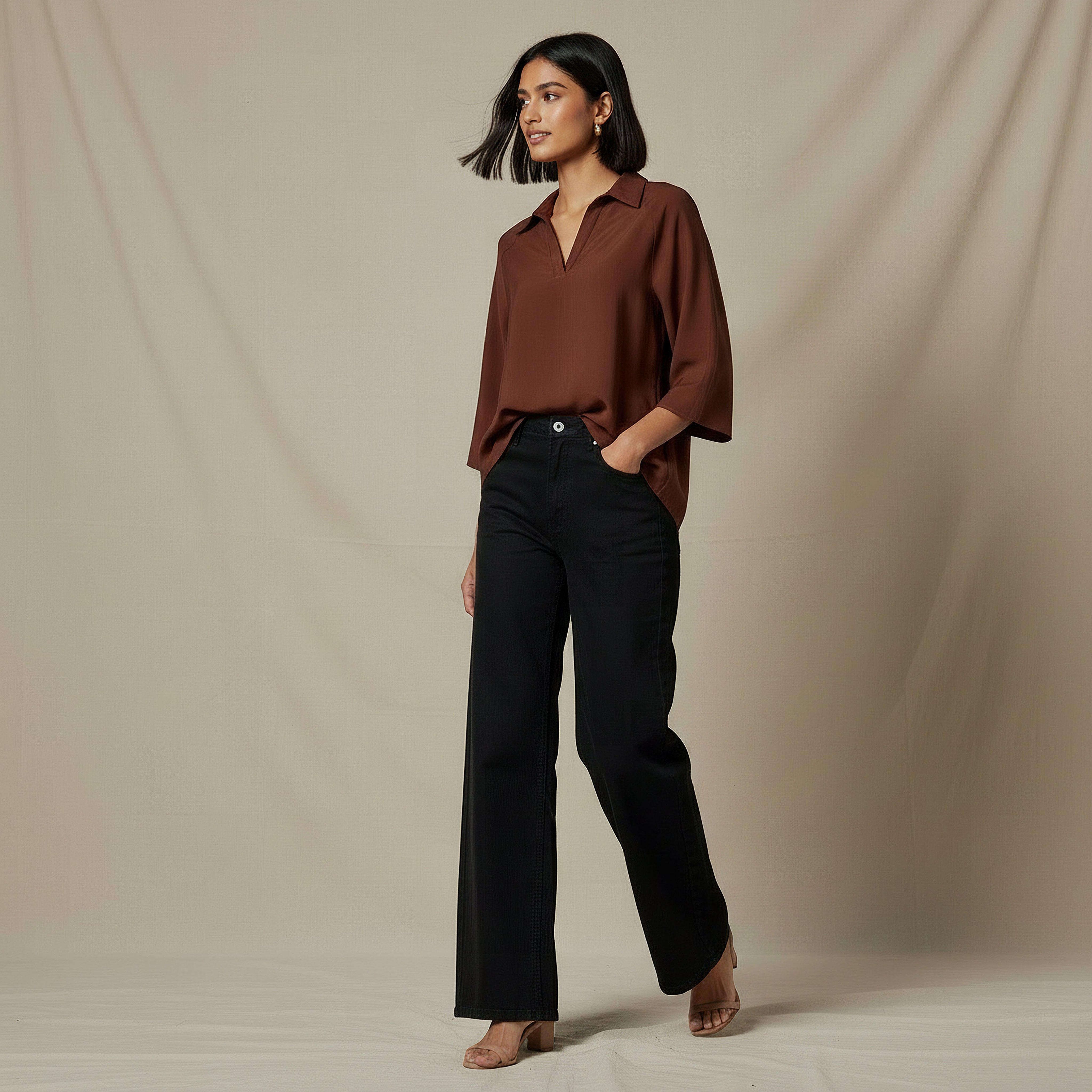 Relaxed Fit Twill Raglan Sleeve Top with Collar-women-clothing-coordsets-image-2