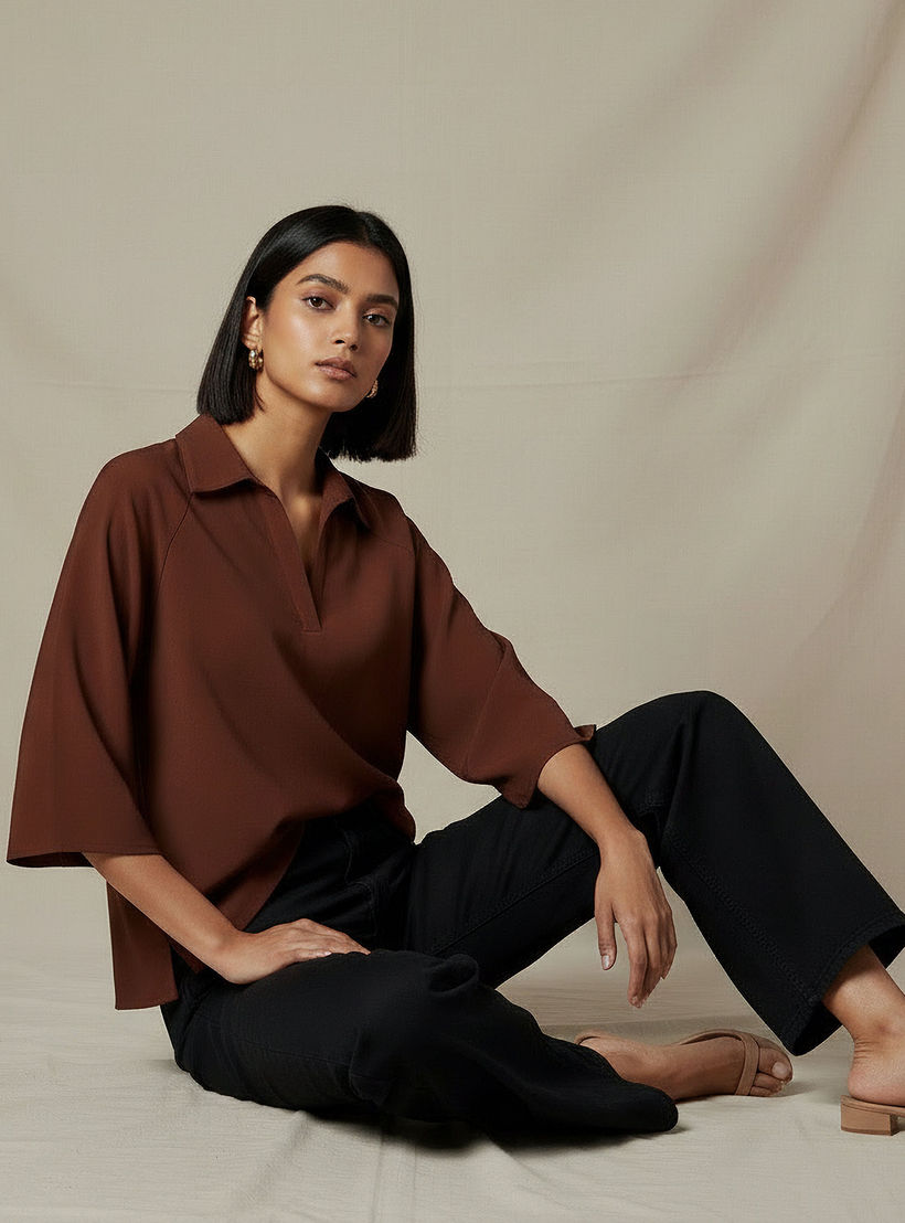 Relaxed Fit Twill Raglan Sleeve Top with Collar-women-clothing-coordsets-image-5