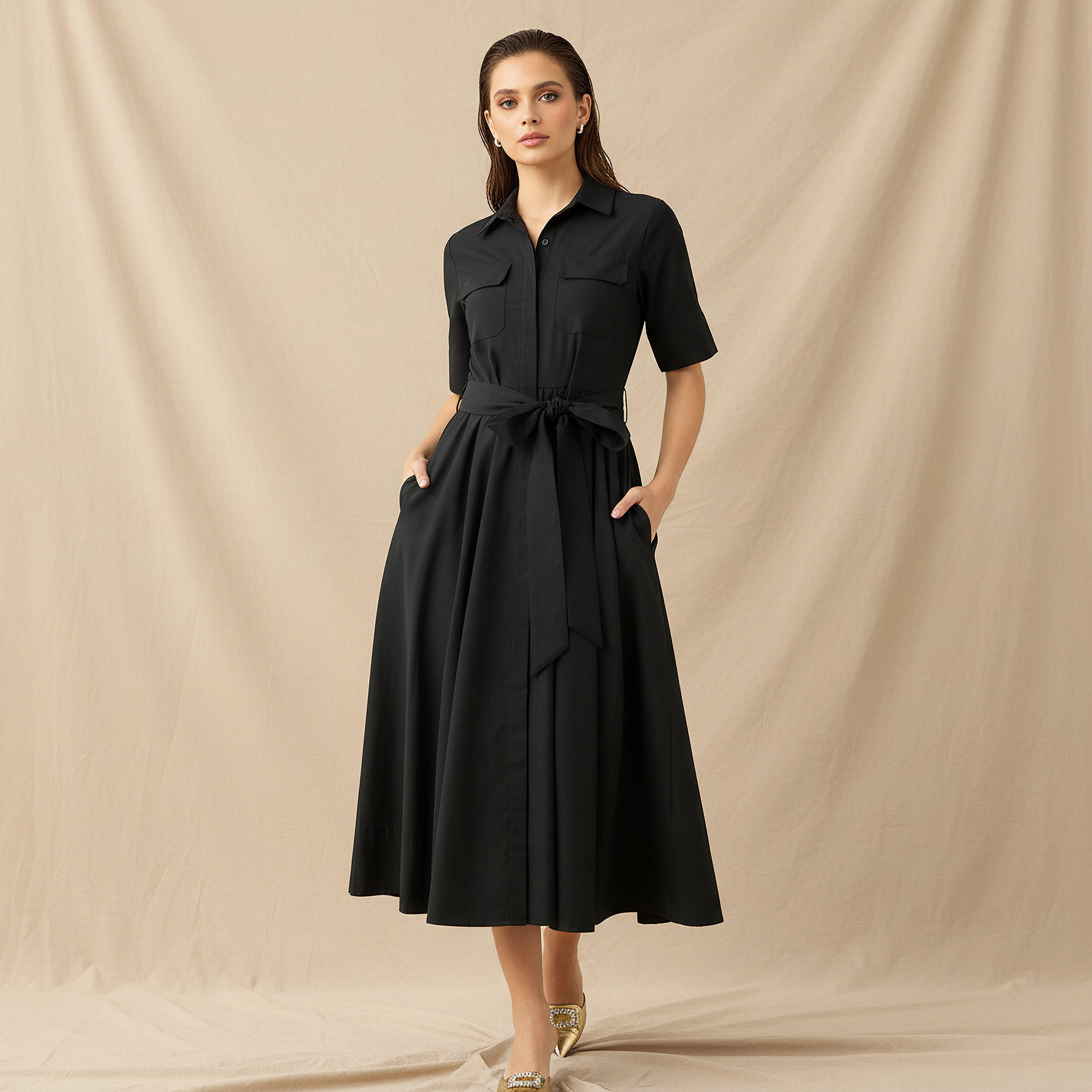 Shirt Midi Dress with Tie-Up Belt-women-clothing-dresses-image-1