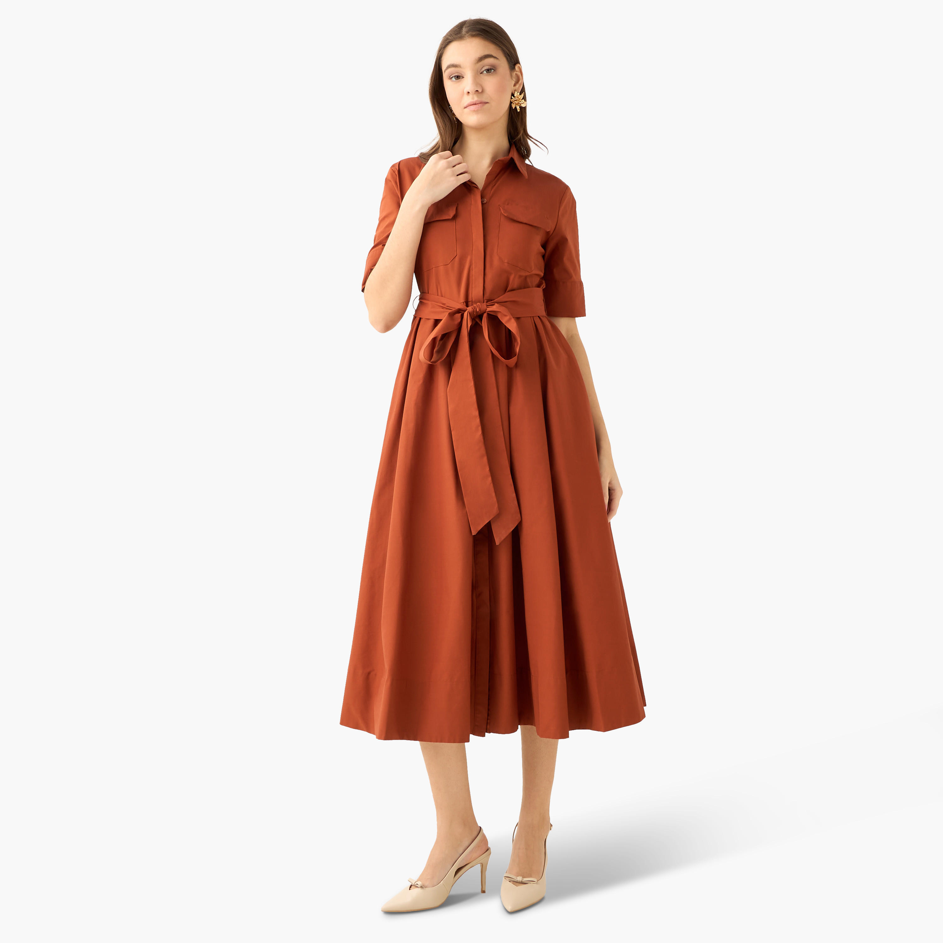 Shirt Midi Dress with Tie-Up Belt-women-clothing-dresses-image-2