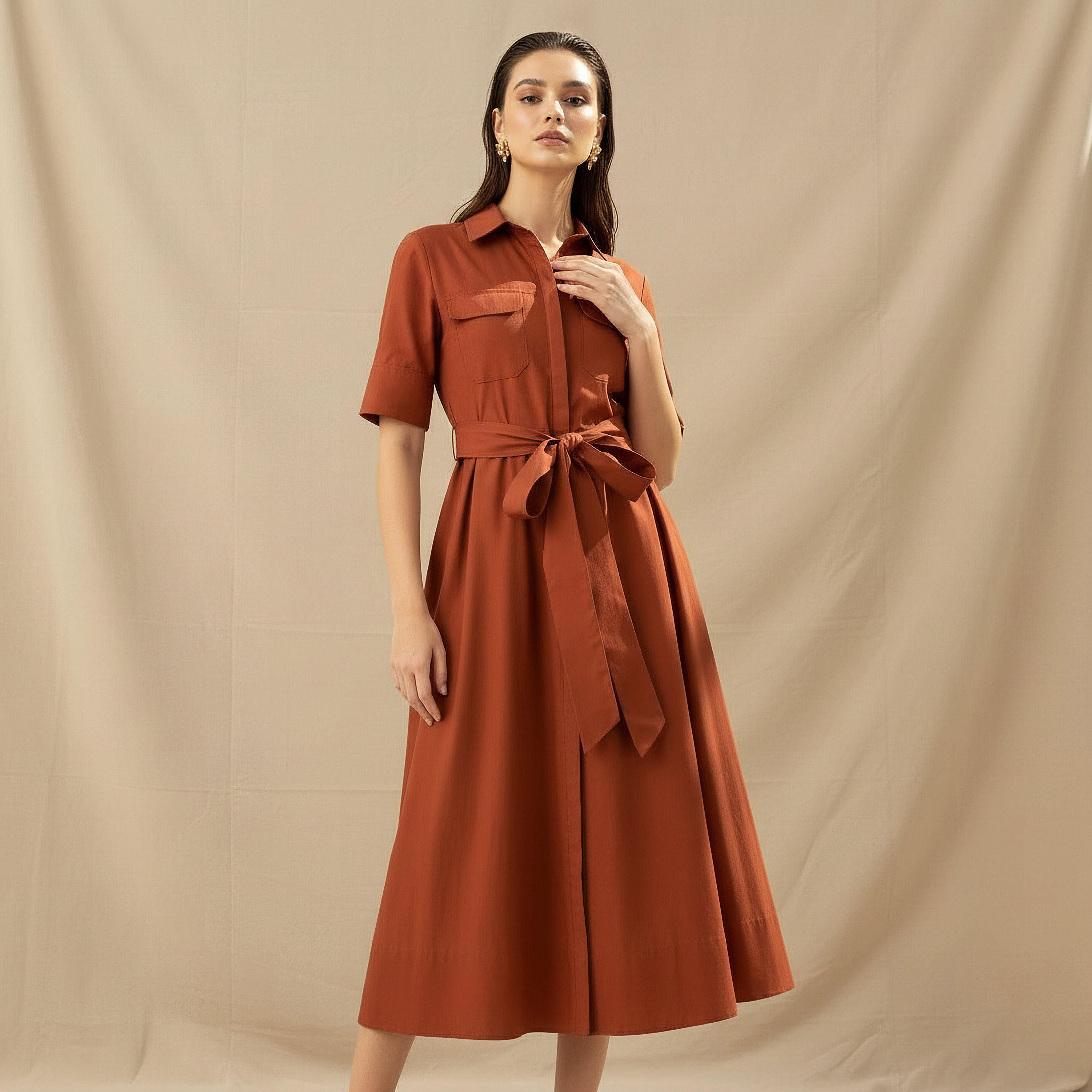 Shirt Midi Dress with Tie-Up Belt-women-clothing-dresses-image-1