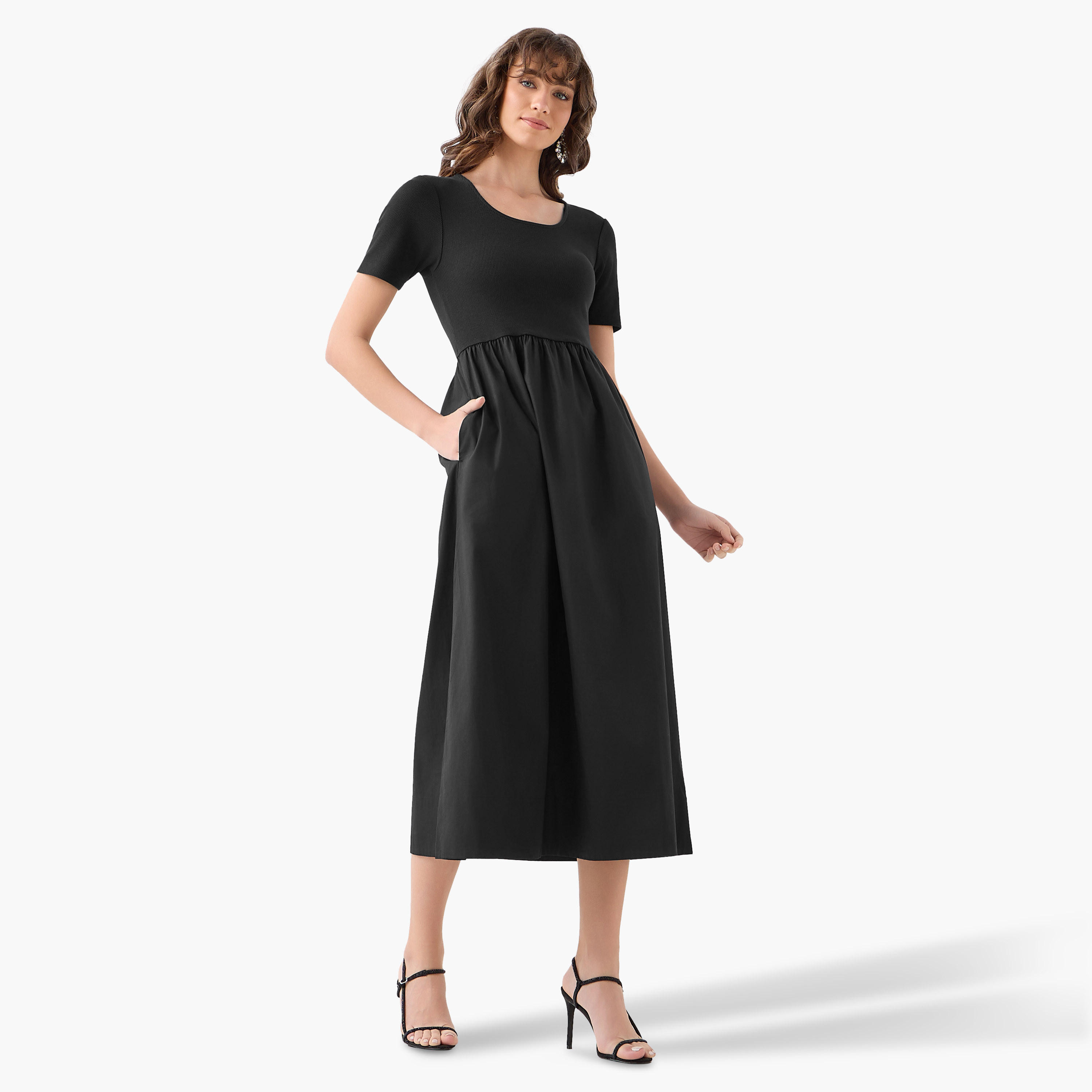 A-line Midi Dress with Ribbed Texture-women-clothing-dresses-image-3