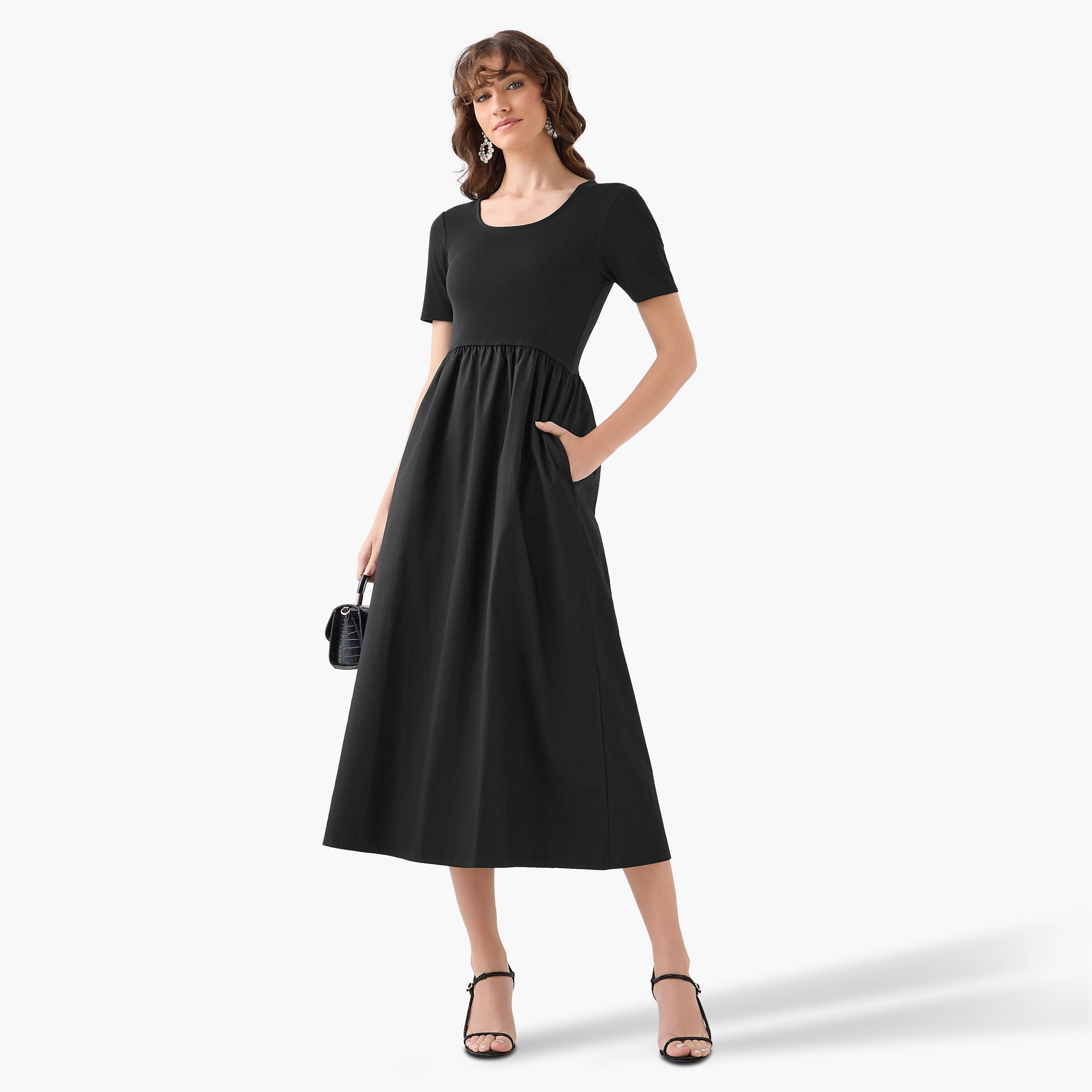 A-line Midi Dress with Ribbed Texture-women-clothing-dresses-image-4