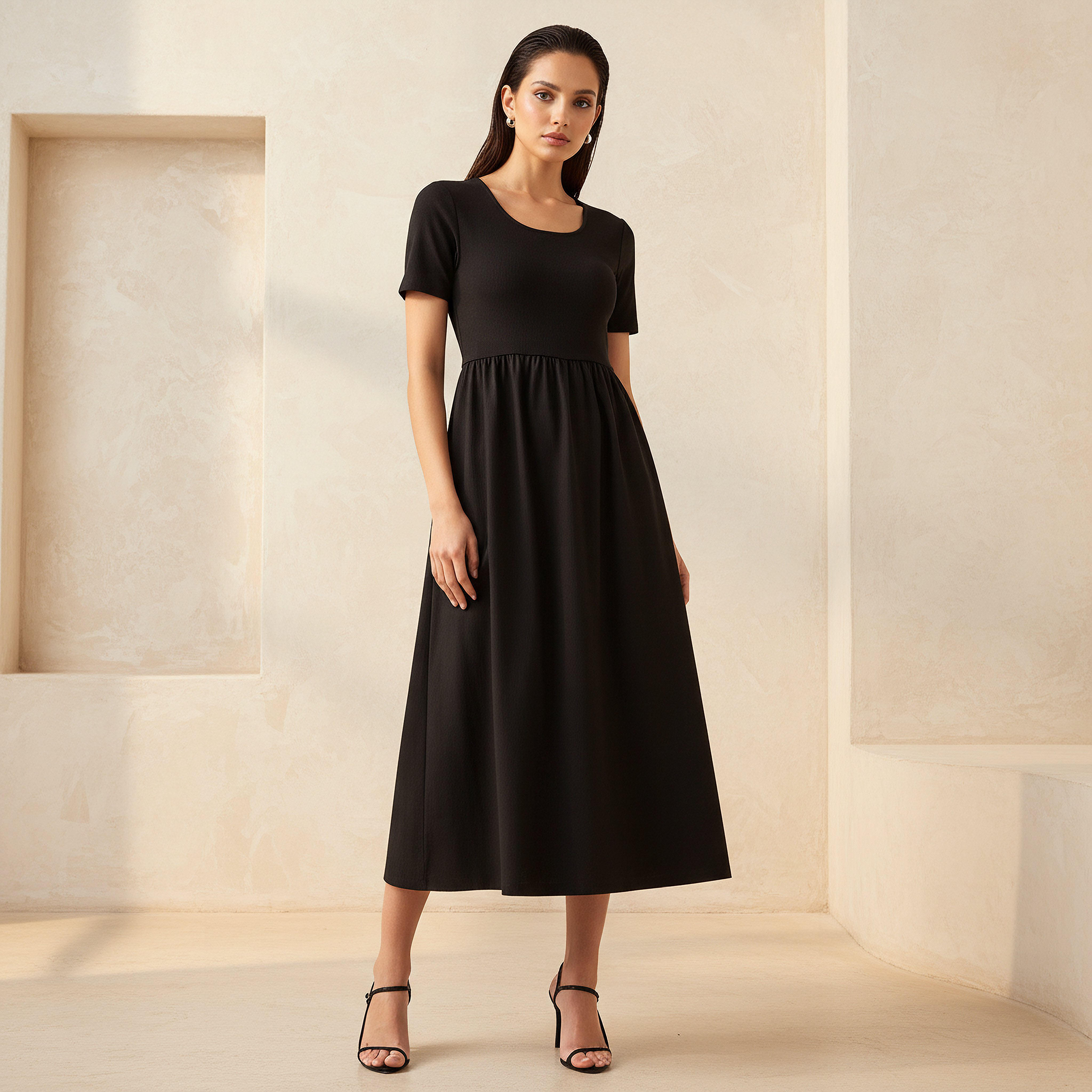 فستان ميدي بقصة إيه لاين بملمس مضلّع-women-clothing-dresses-image-1