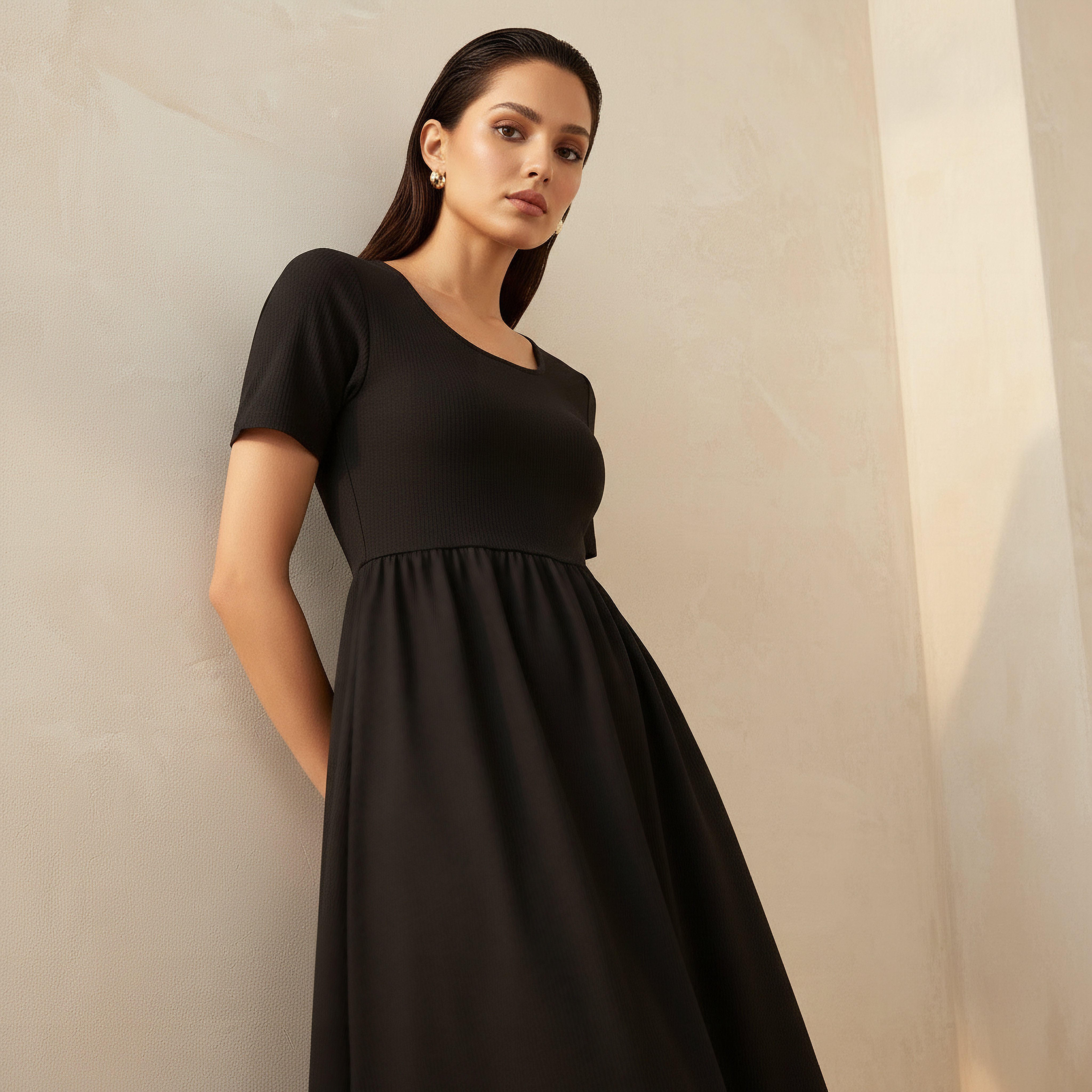 فستان ميدي بقصة إيه لاين بملمس مضلّع-women-clothing-dresses-image-2