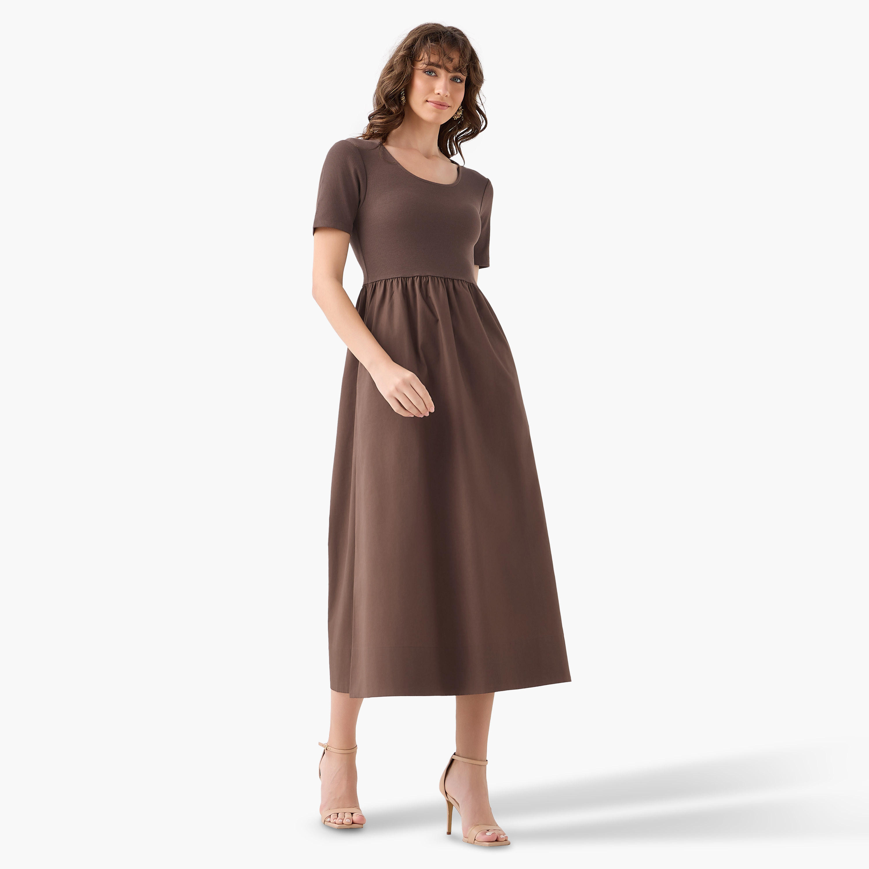 فستان ميدي بقصة إيه لاين بملمس مضلّع-women-clothing-dresses-image-5