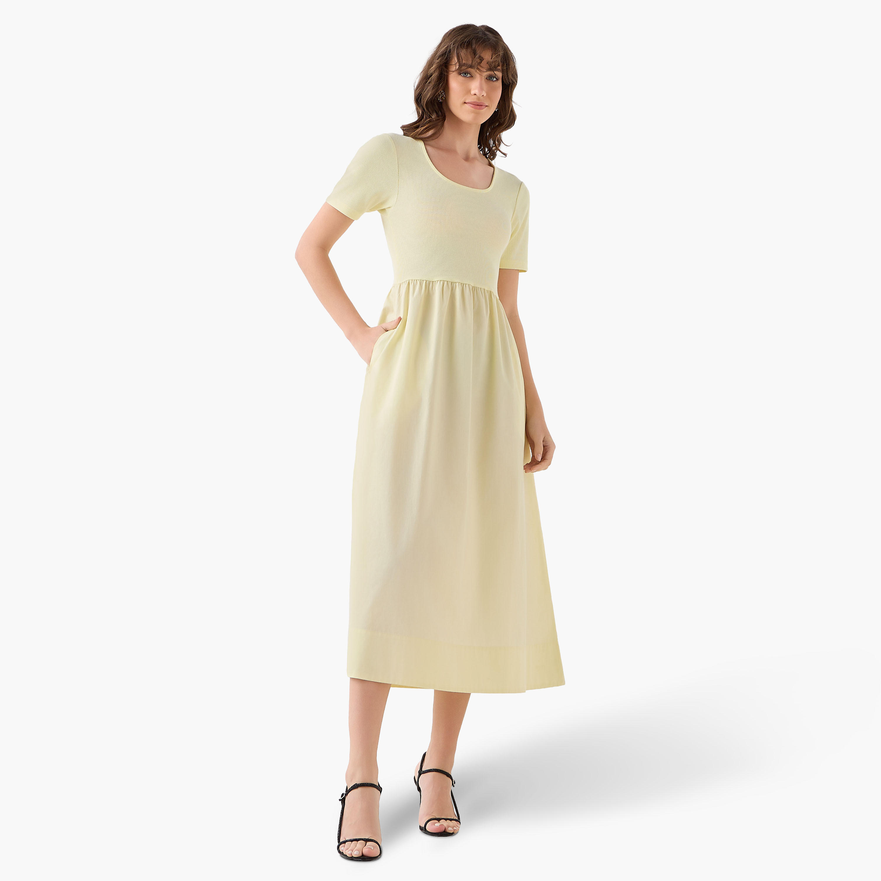 A-line Midi Dress with Ribbed Texture-women-clothing-dresses-image-2