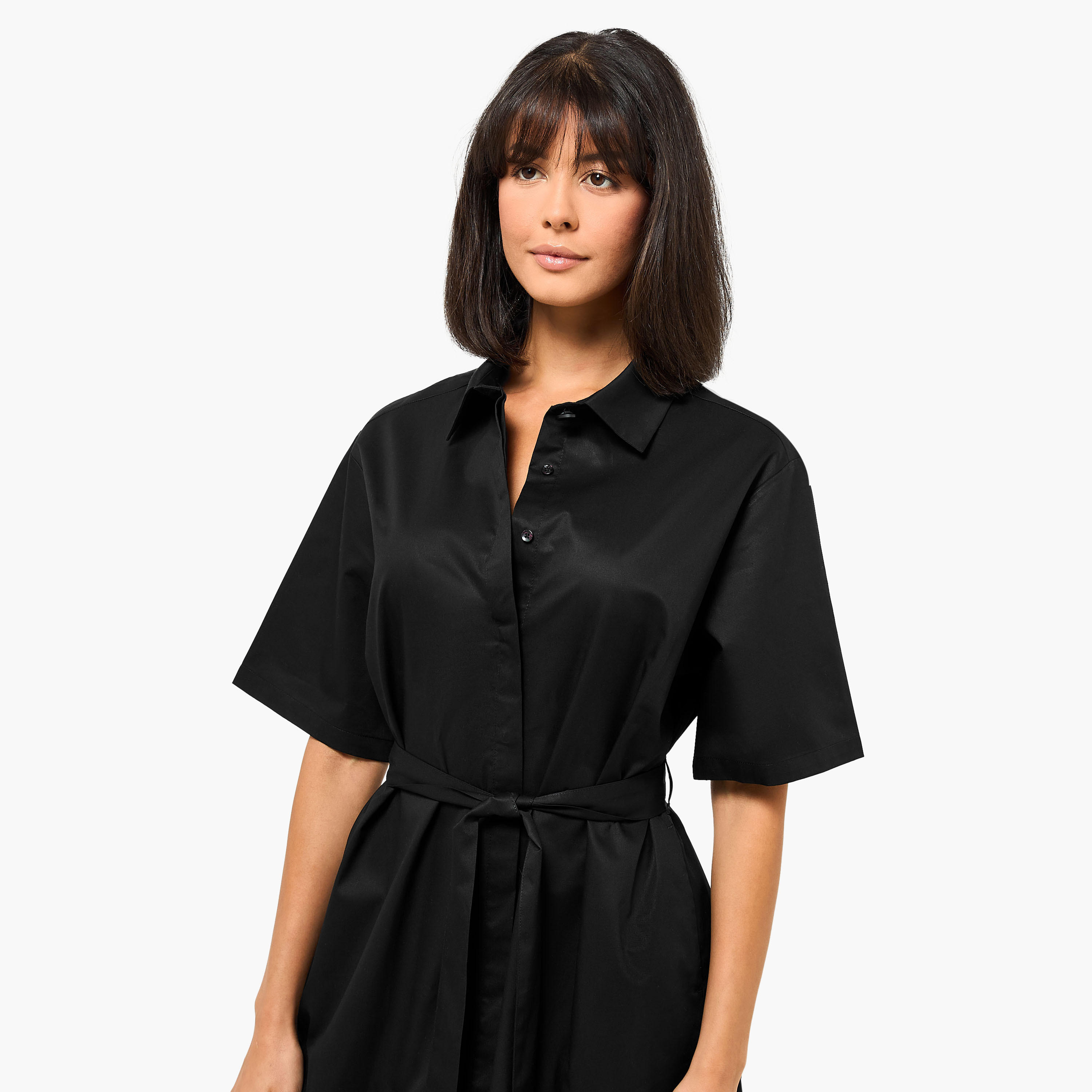 Lapel Collar Midi Cotton Shirt Dress with Tie-Up Belt-women-clothing-dresses-image-5